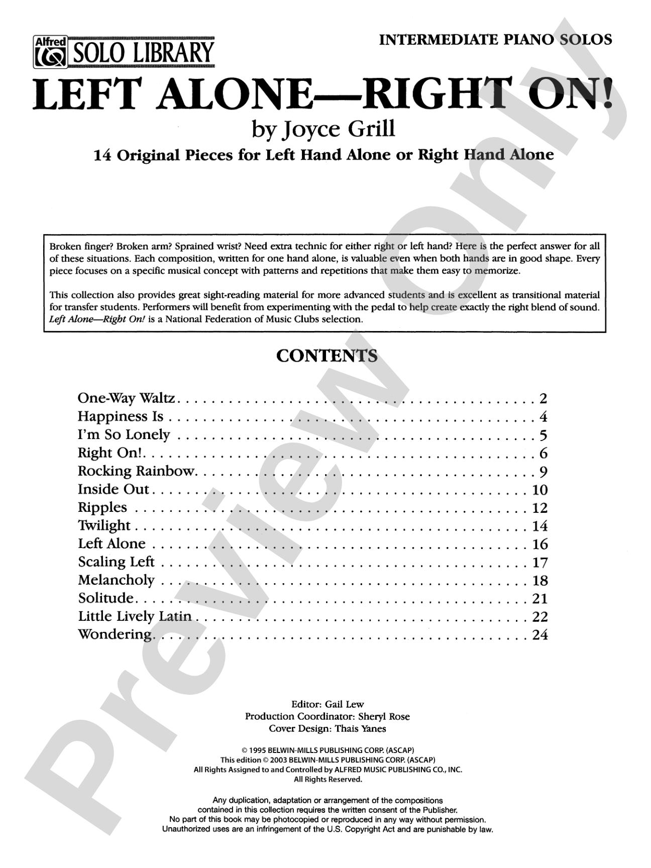 Left Alone -- Right On!: 14 Original Pieces for Left Hand Alone or Right Hand Alone: Piano