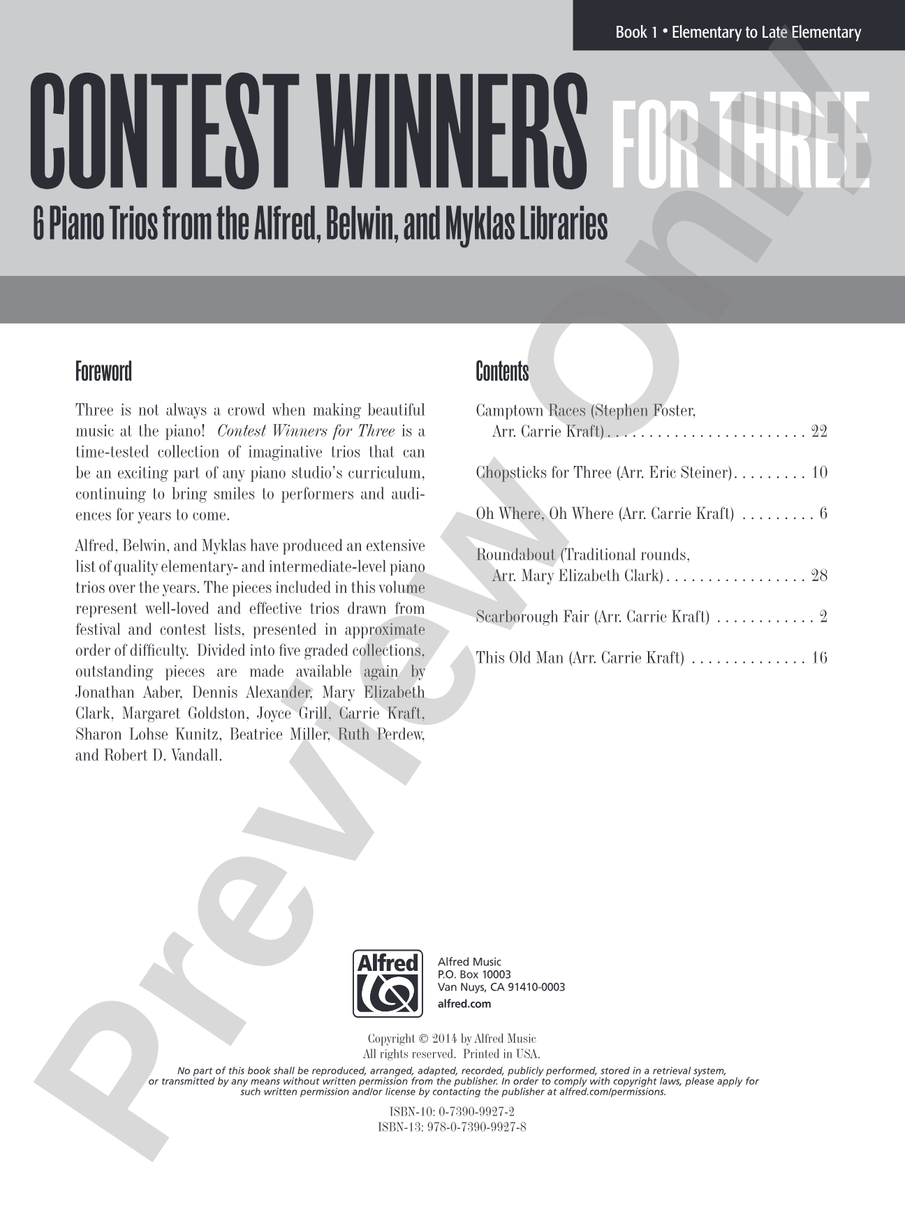 Contest Winners for Three, Book 1: 6 Piano Trios from the Alfred, Belwin, and Myklas Libraries: Piano