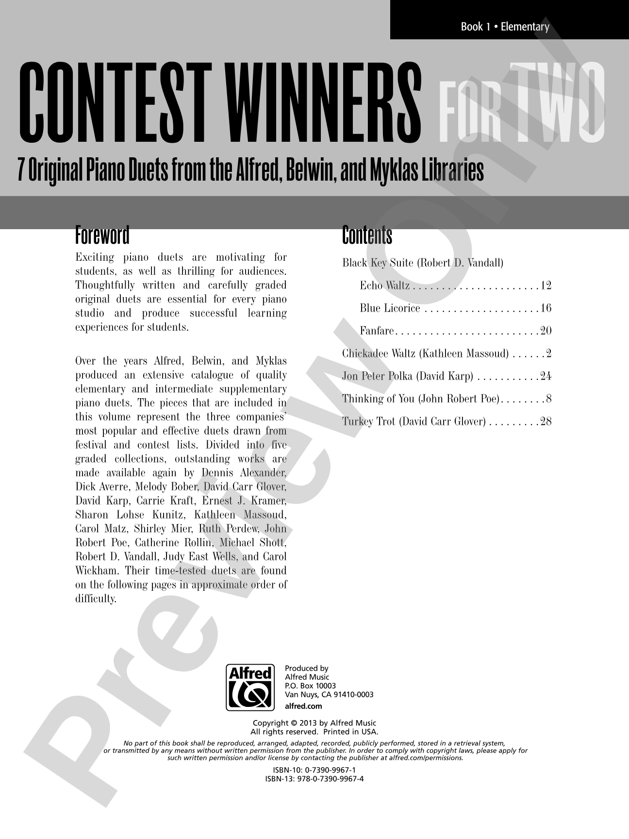 Contest Winners for Two, Book 1: 7 Original Piano Duets from the Alfred, Belwin, and Myklas Libraries: Piano Duets & Four Hands