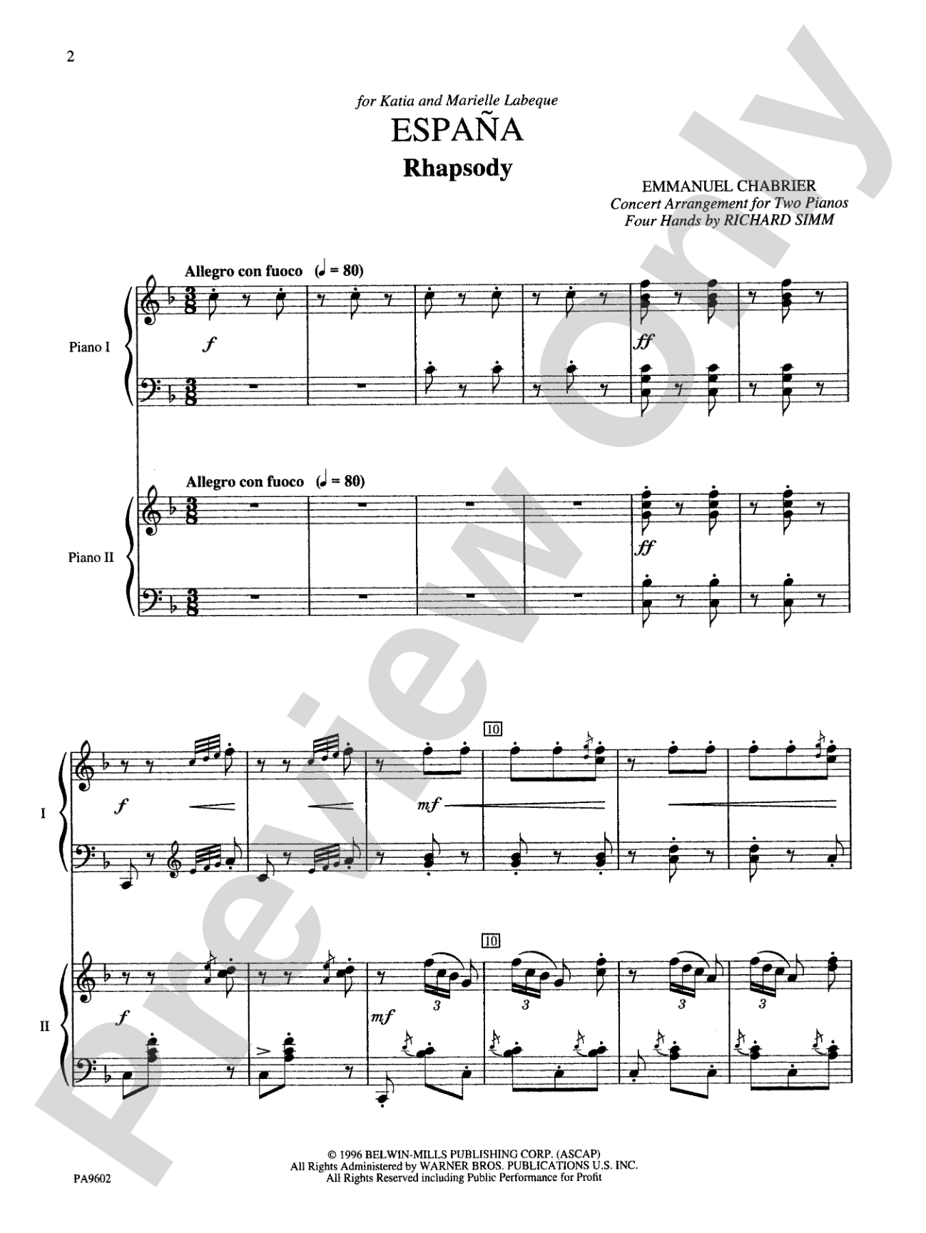 España Rhapsody: Concert Transcription for Two Pianos: Piano Duets & Four Hands