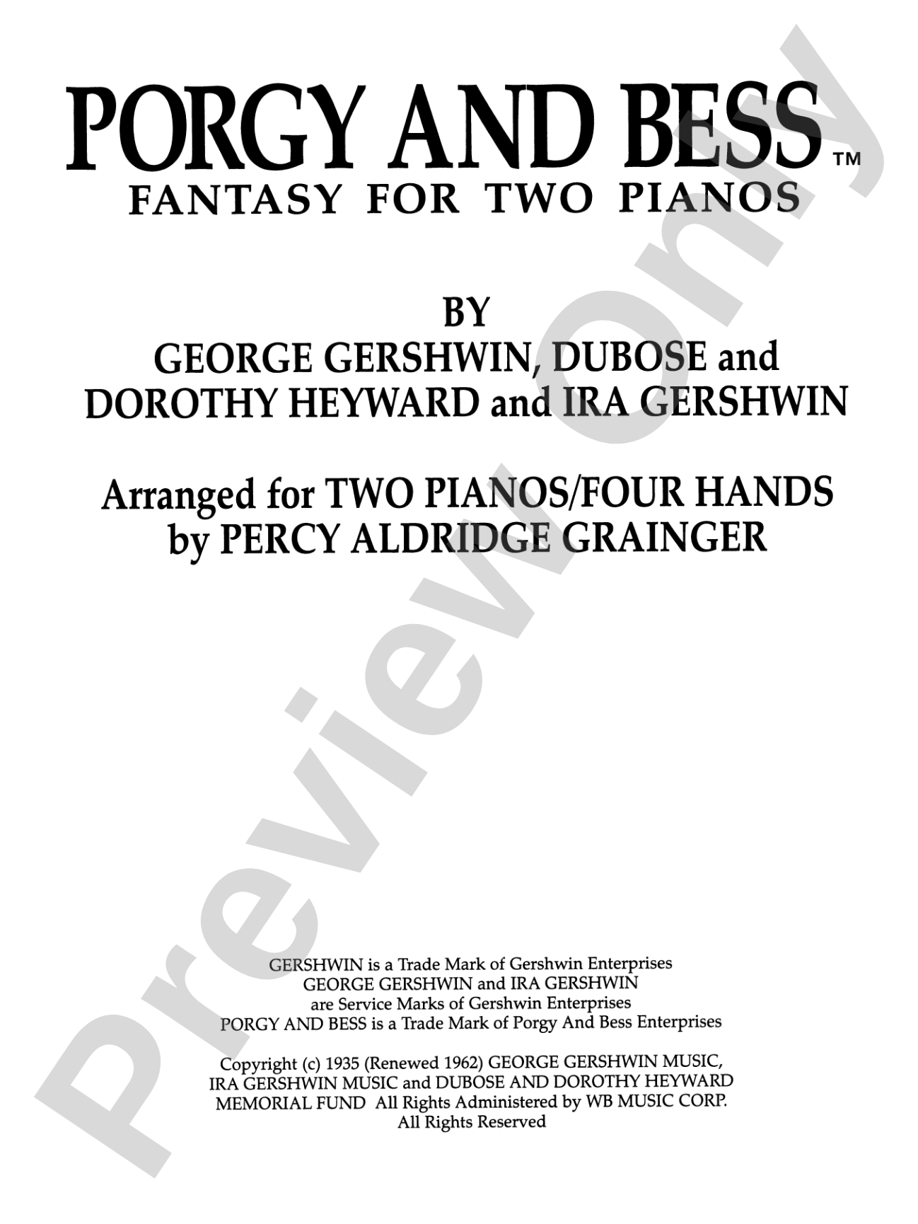 Porgy and Bess™ Fantasy for Two Pianos: Piano Duets & Four Hands