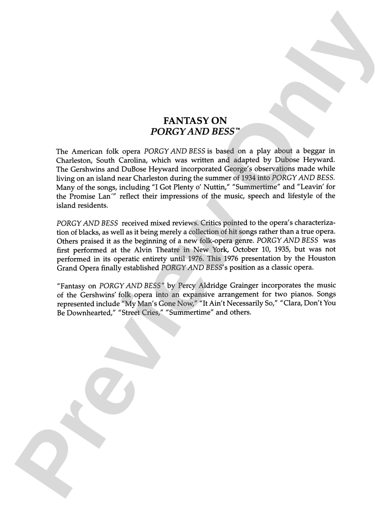 Porgy and Bess™ Fantasy for Two Pianos: Piano Duets & Four Hands