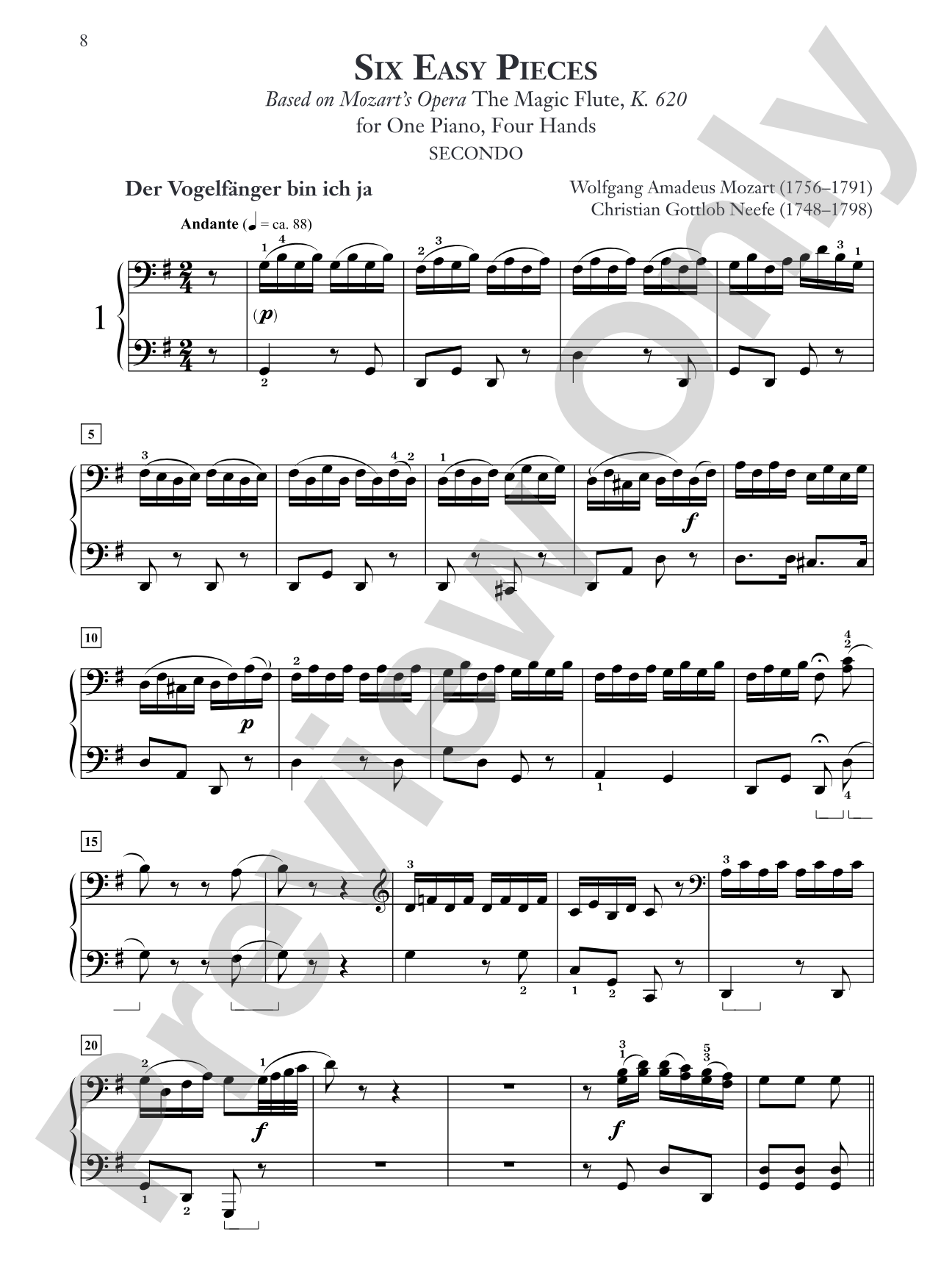 Mozart/Neefe: Six Easy Pieces for One Piano, Four Hands: Based on Mozart's Opera The Magic Flute, K. 620: Piano Duets & Four Hands