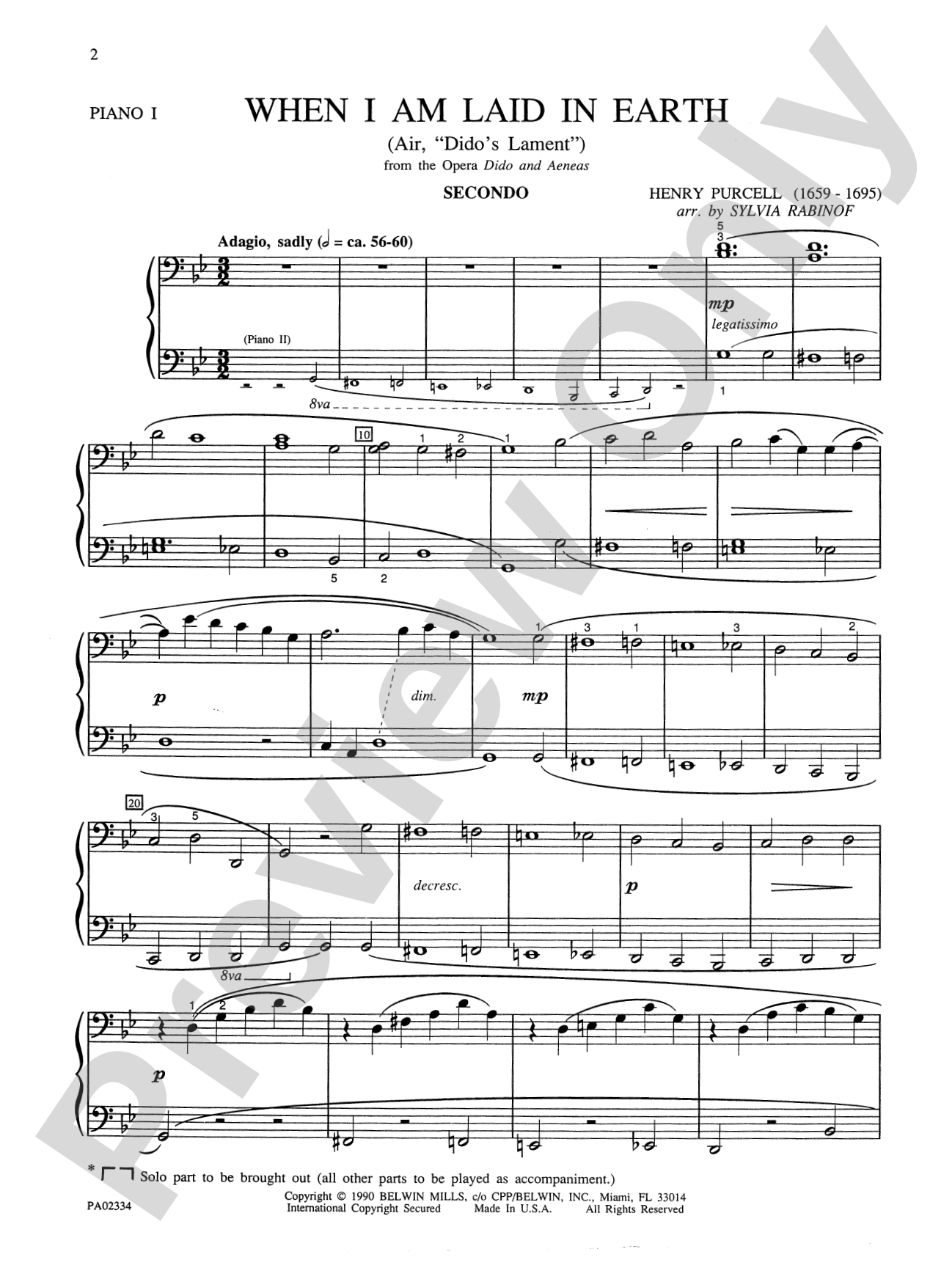 When I Am Laid in Earth (Air, "Dido's Lament" from the opera Dido and Aeneas) - Piano Quartet (2 Pianos, 8 Hands): Piano