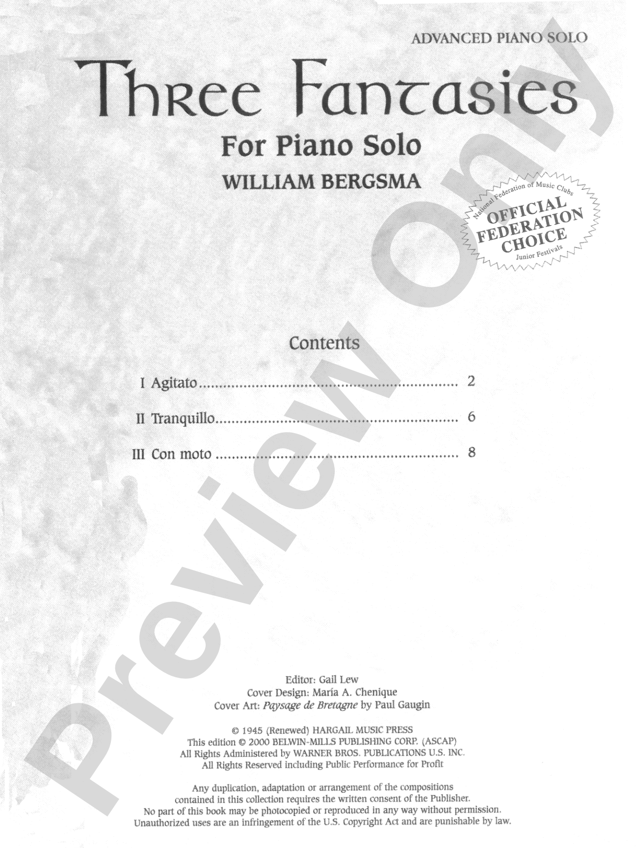 Three Fantasies - Piano Solo: Piano