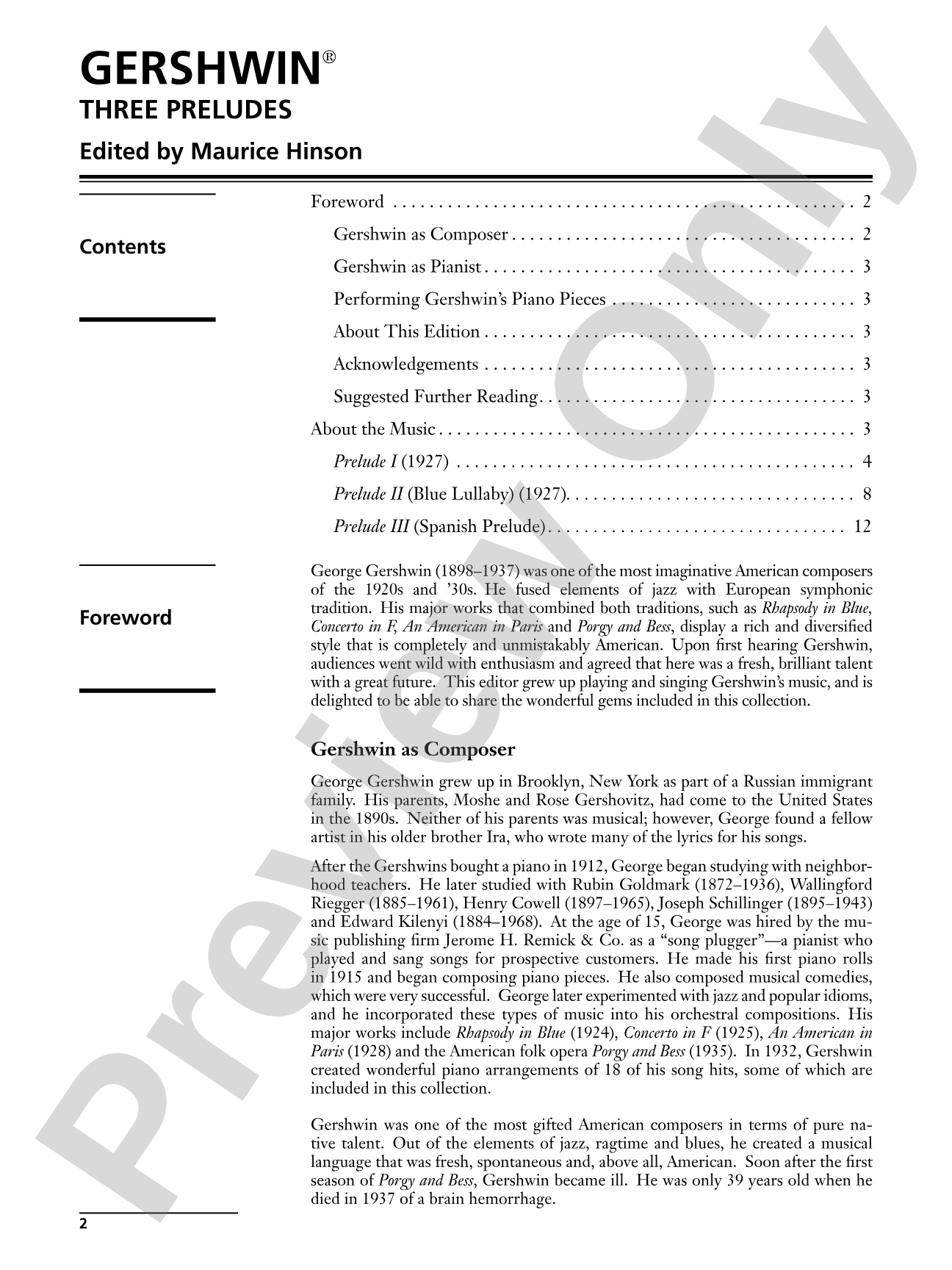 George Gershwin: Three Preludes - Intermediate / Advanced Piano Collection: Piano