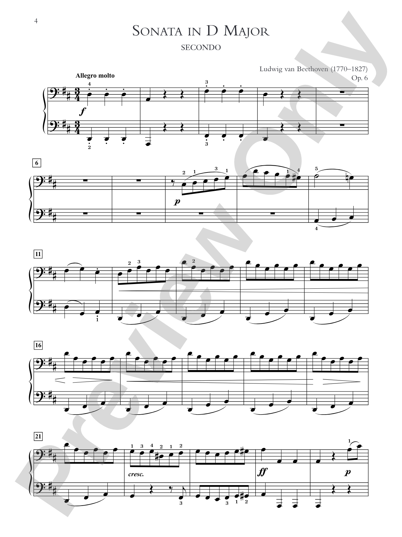 Beethoven: Sonata in D Major, Opus 6 - Piano Duet (1 Piano, 4 Hands): Piano Duets & Four Hands