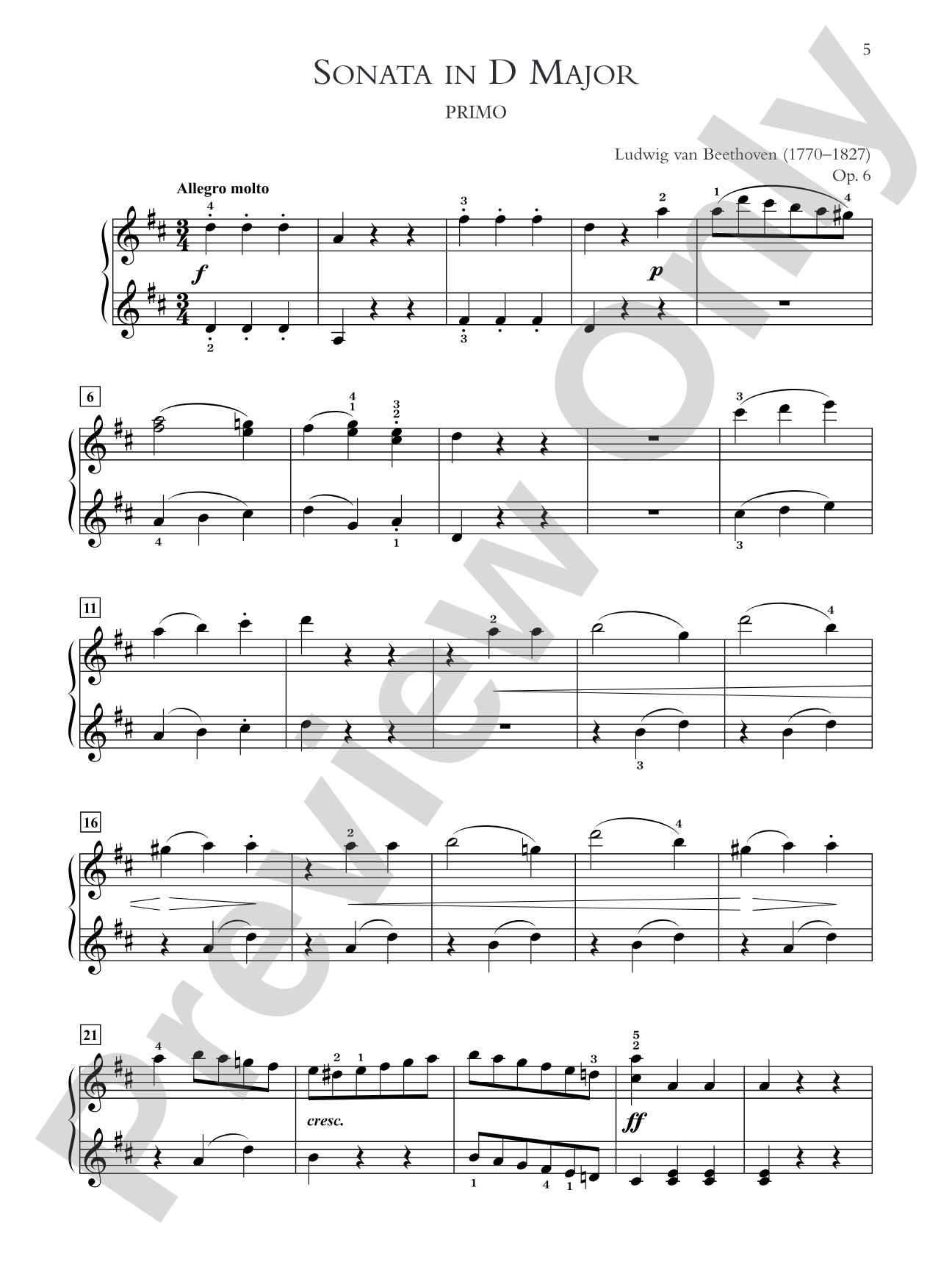 Beethoven: Sonata in D Major, Opus 6 - Piano Duet (1 Piano, 4 Hands): Piano Duets & Four Hands