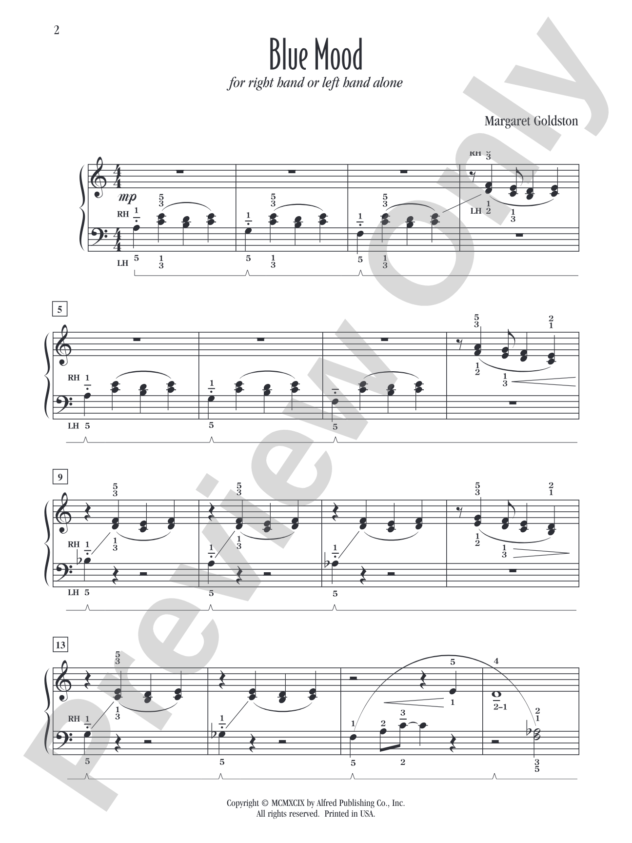 Blue Mood (for right hand or left hand alone) - Piano Solo: Piano