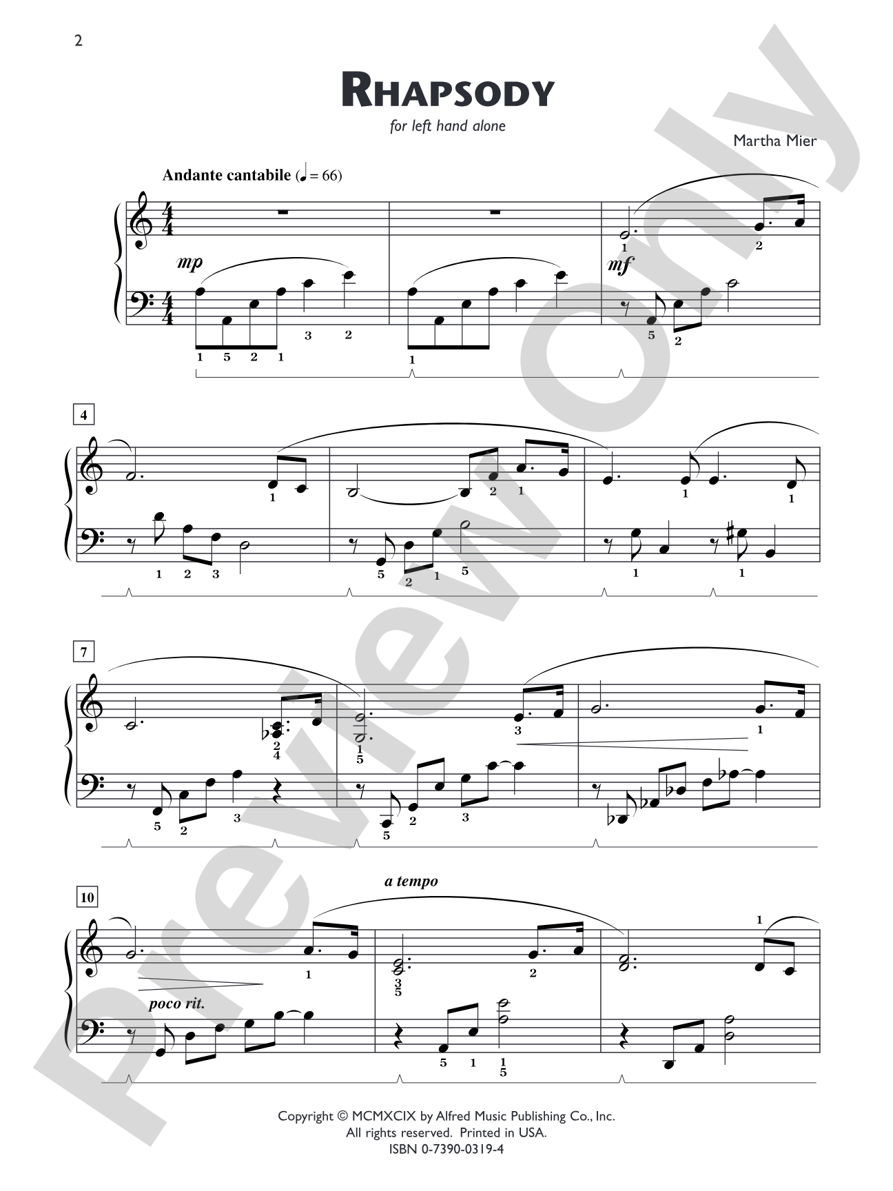 Rhapsody (for left hand alone) - Piano Solo: Piano