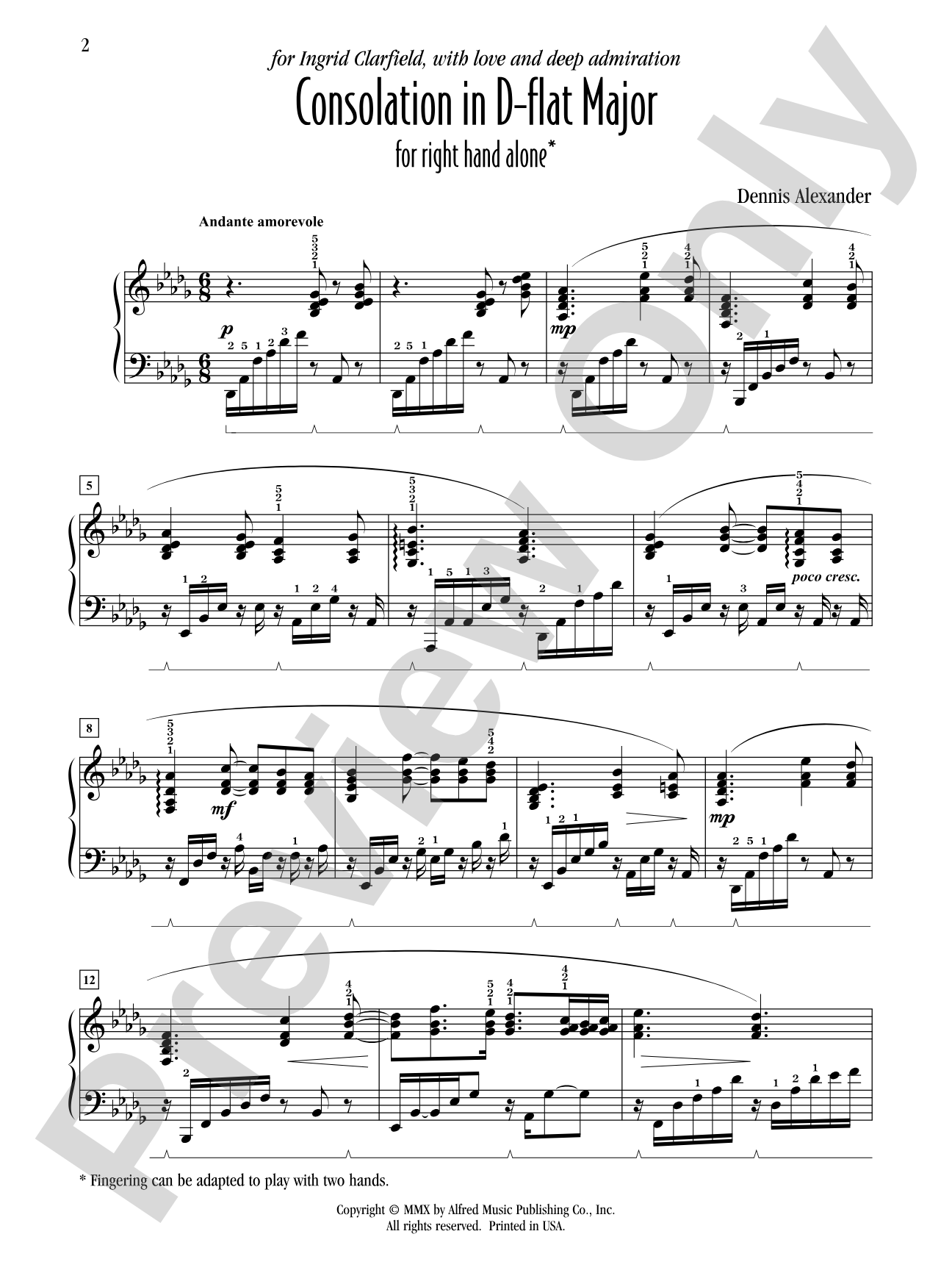 Consolation in D-flat Major (for right hand alone) - Piano Solo: Piano