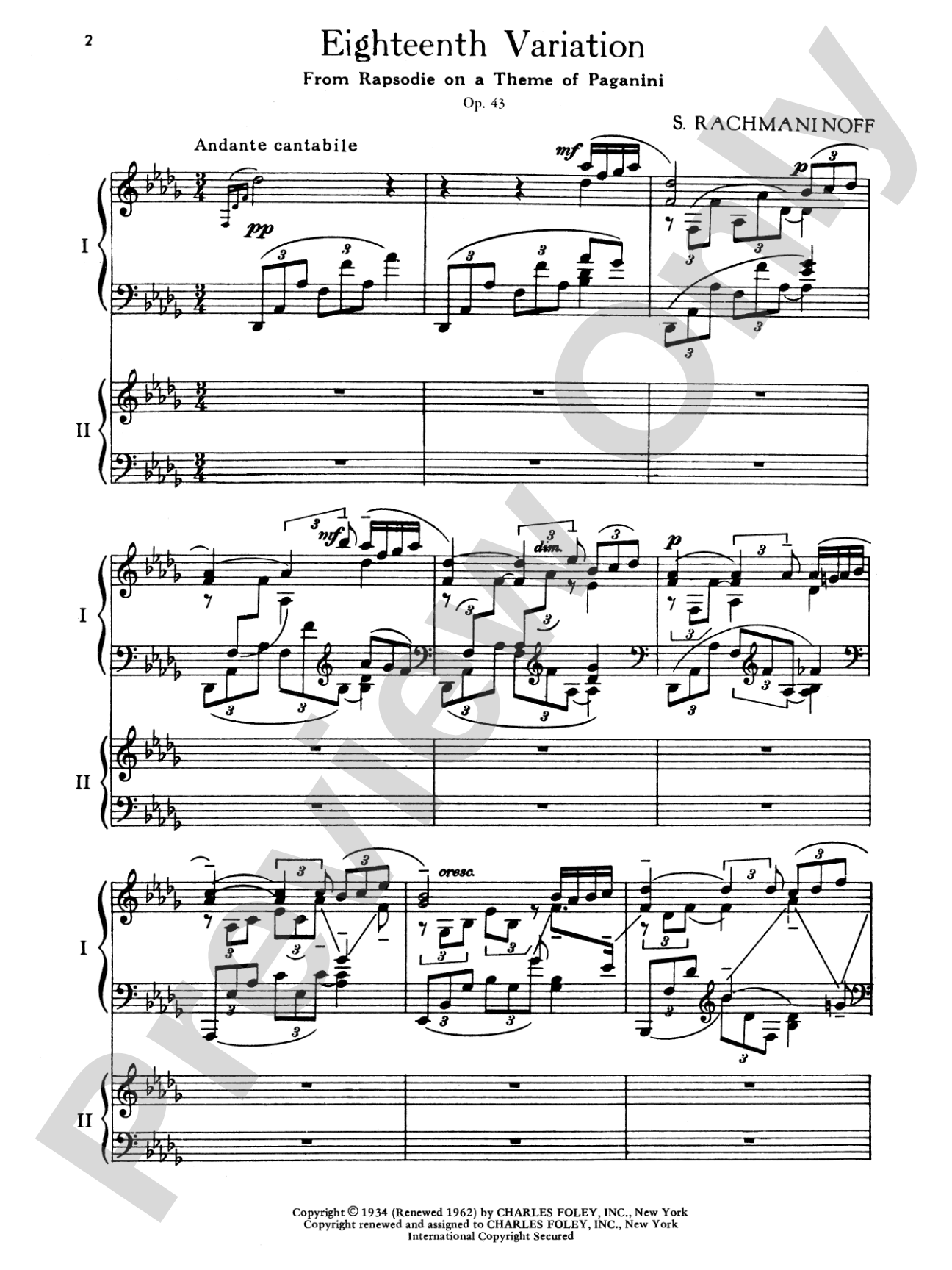 Eighteenth Variation: From Rapsodie on a Theme of Paganini, Op. 43 - Piano Duo (2 Pianos, 4 Hands): Piano Duets & Four Hands