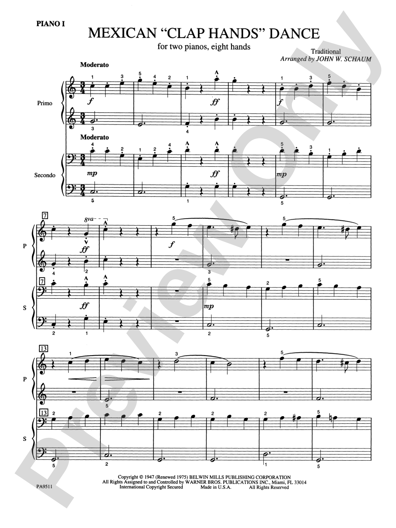 Mexican "Clap Hands" Dance - Piano Quartet (2 Pianos, 8 Hands): Piano