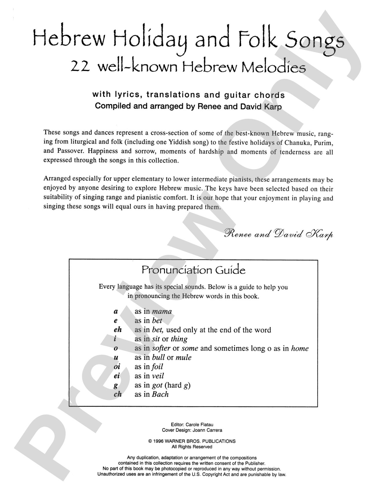 Hebrew Holiday and Folk Songs: With Lyrics, Translations and Guitar Chords: Piano