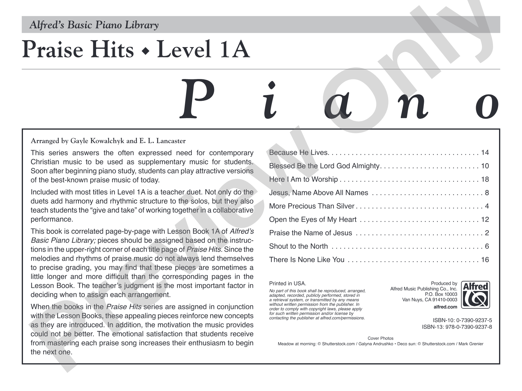 Alfred's Basic Piano Library: Praise Hits, Level 1A: Piano