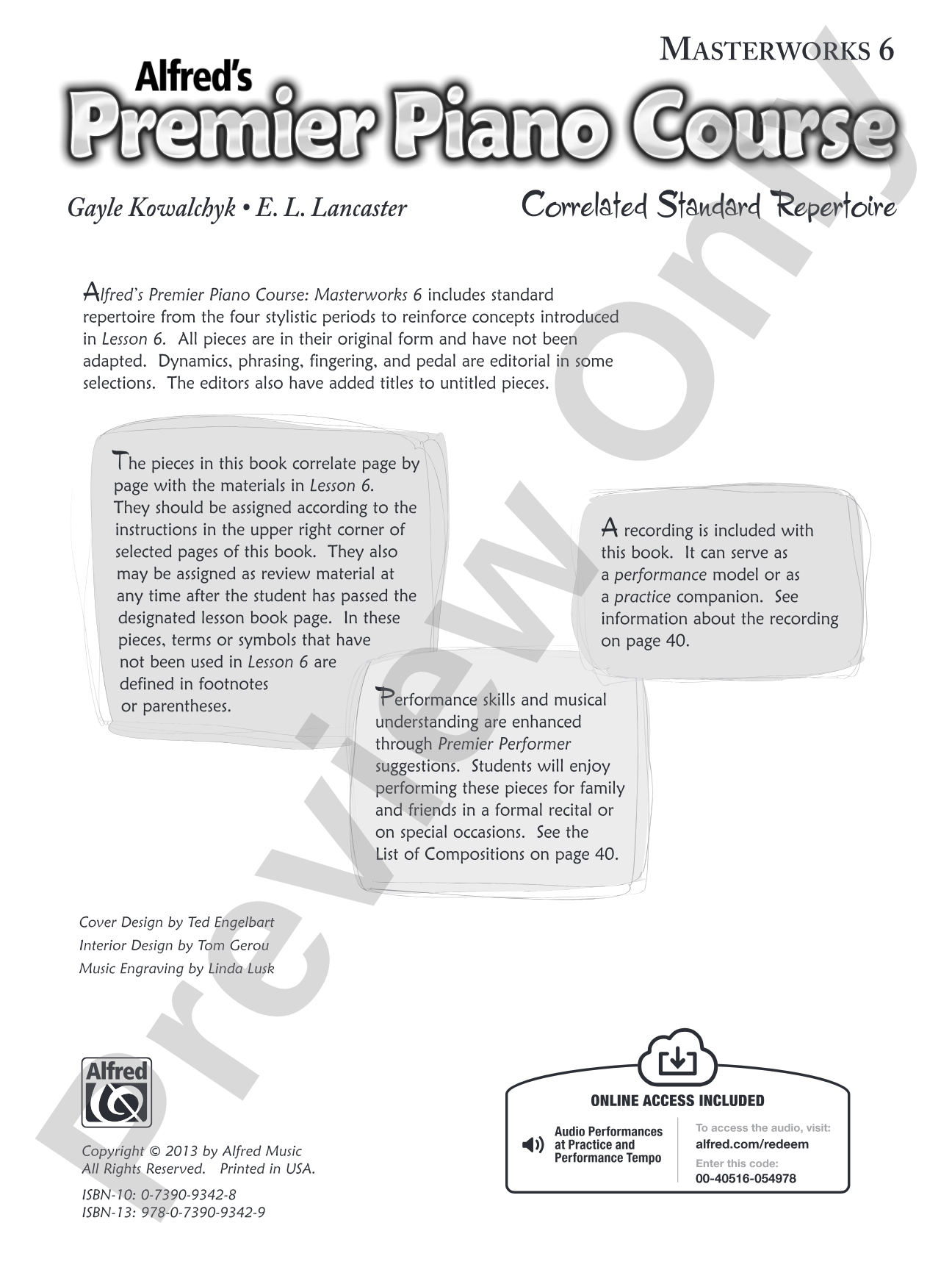 Premier Piano Course, Masterworks 6: Correlated Standard Repertoire: Piano