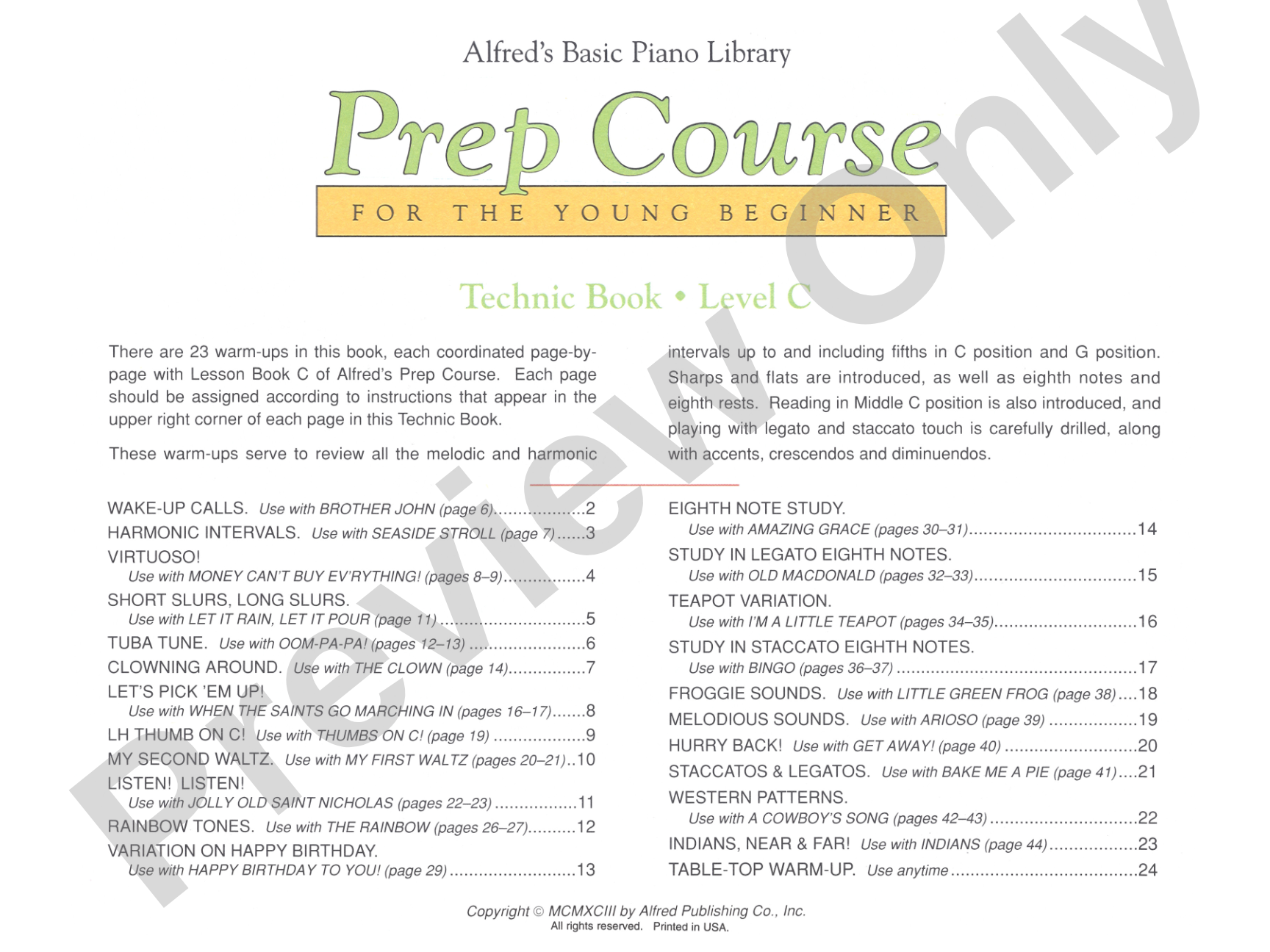 Alfred's Basic Piano Prep Course: Technic Book C: For the Young Beginner: Piano