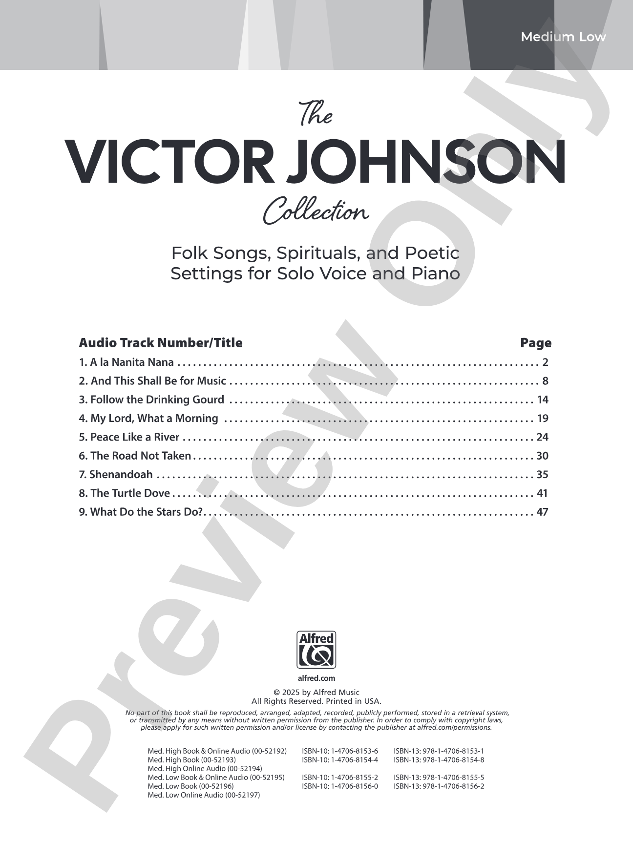 The Victor Johnson Collection: Folk Songs, Spirituals, and Poetic Settings for Solo Voice and Piano: Medium Low Vocal Book