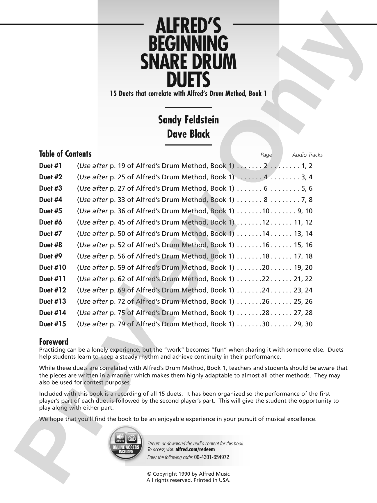 Alfred's Beginning Snare Drum Duets: 15 Duets That Correlate with Alfred's Drum Method, Book 1