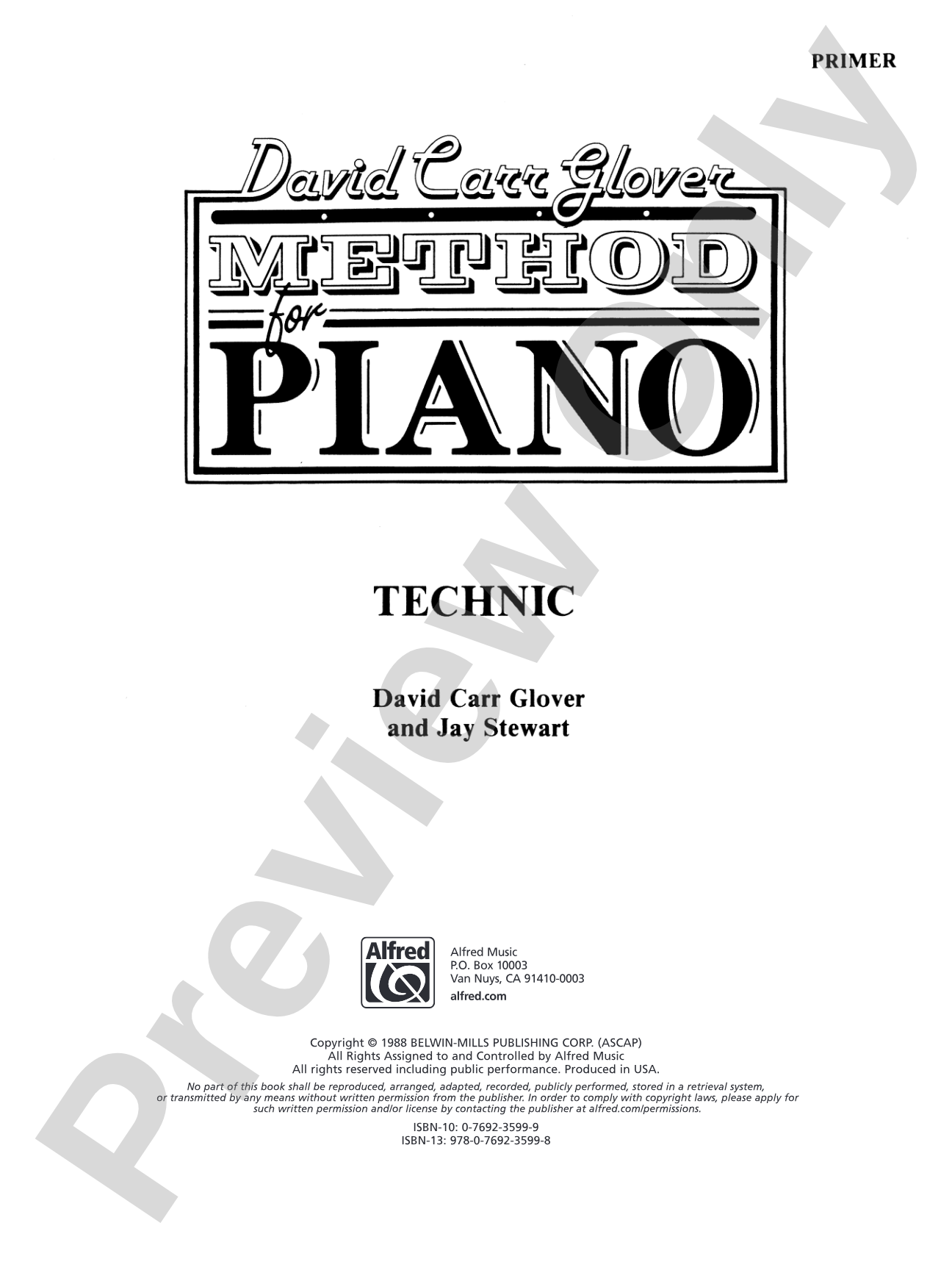 David Carr Glover Method for Piano: Technic, Primer: Piano