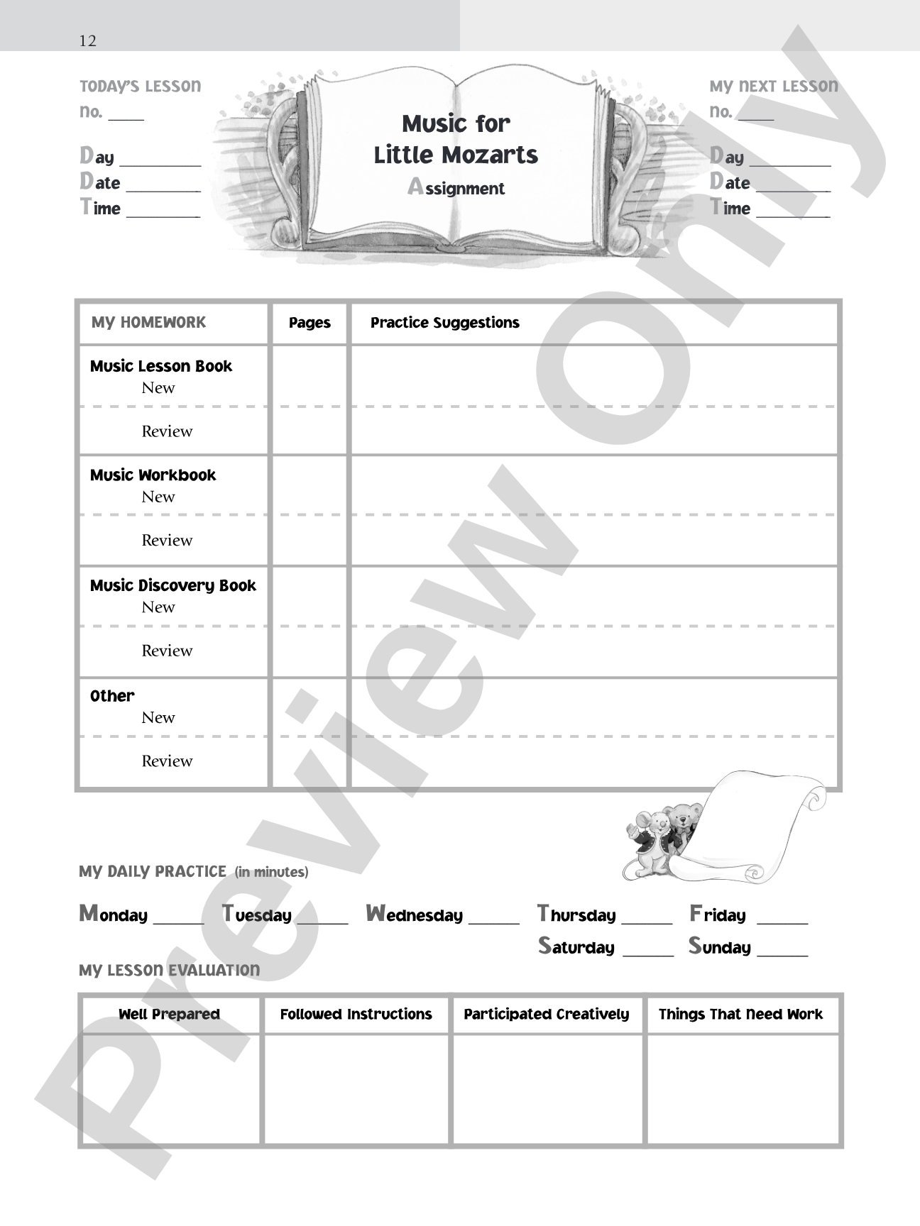 Music for Little Mozarts: Lesson Assignment Book: Assignment Pages, Practice Records and Lesson Evaluations to Use with Levels 1--4: Piano