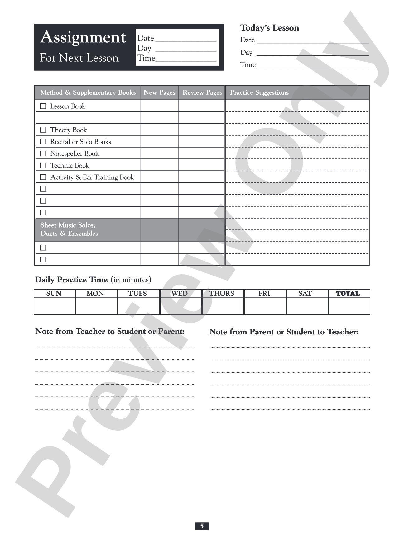 My Lesson Assignment Book: Piano