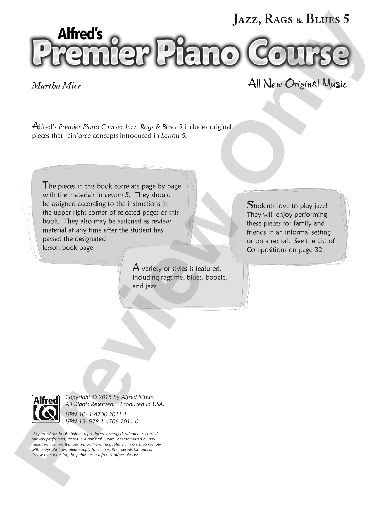 Premier Piano Course, Jazz, Rags & Blues 5: All New Original Music: Piano