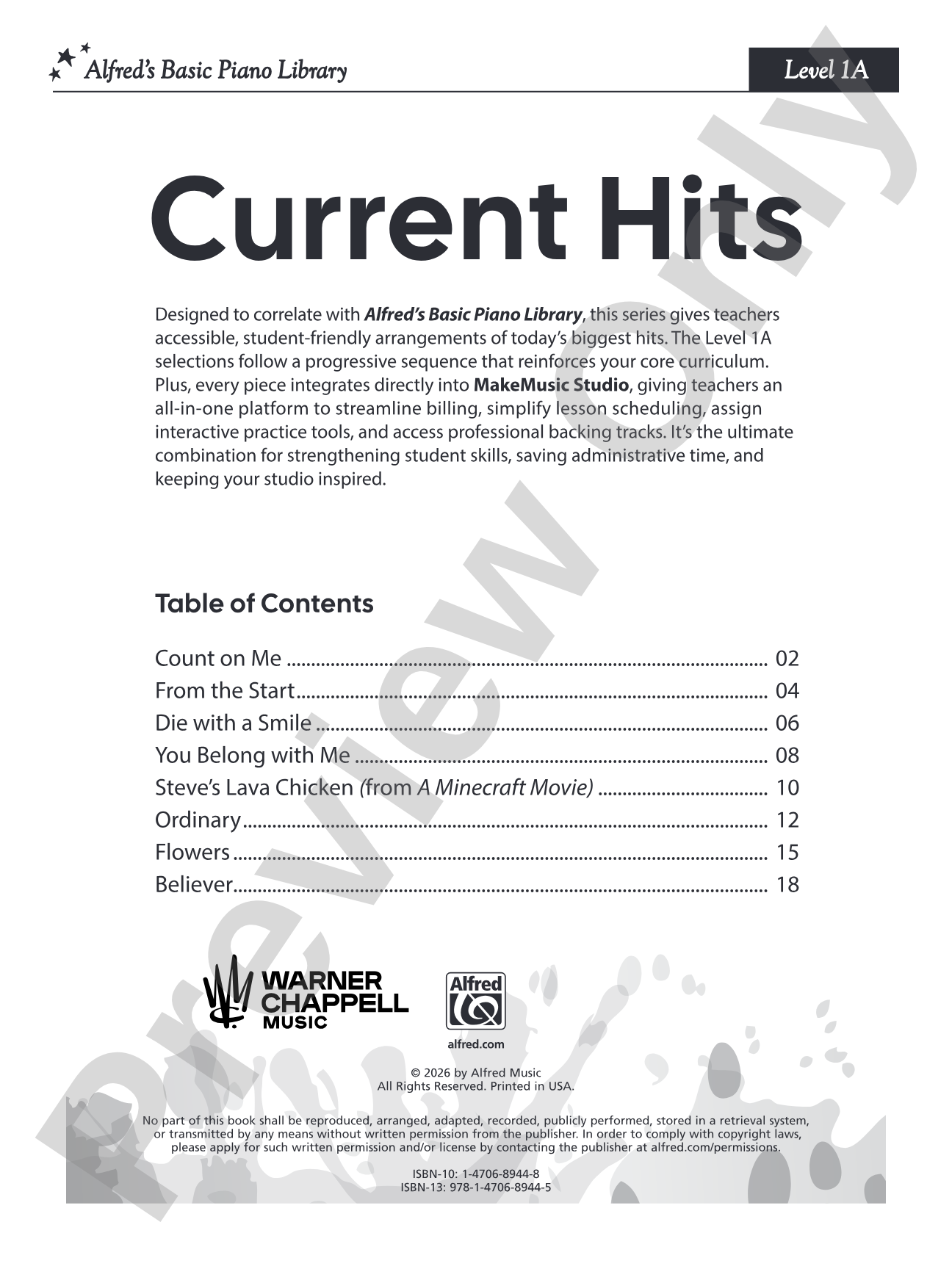 Alfred's Basic Piano Library: Current Hits, Level 1A: Piano