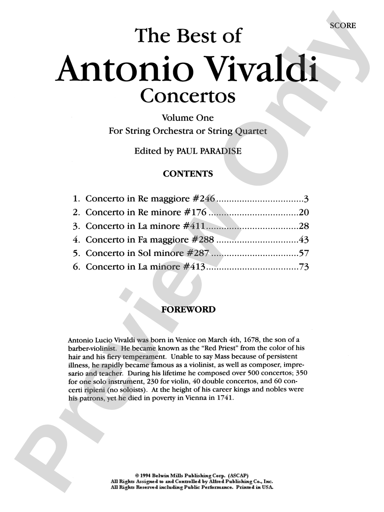 The Best of Antonio Vivaldi Concertos, Volume One: For String Orchestra or String Quartet: Piano