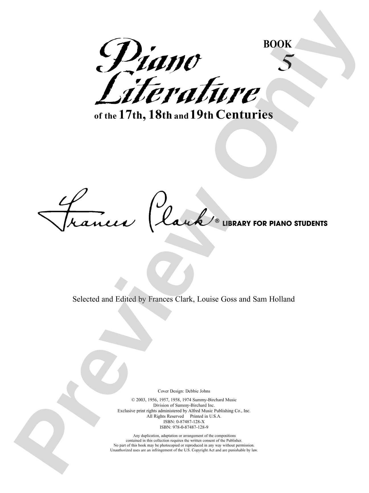 Piano Literature of the 17th, 18th, and 19th Centuries, Book 5: Piano