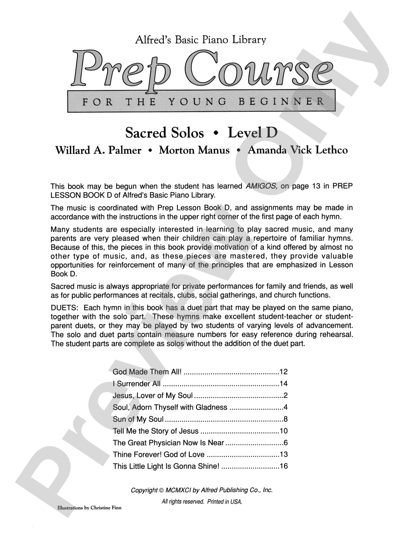 Alfred's Basic Piano Prep Course: Sacred Solo Book D: For the Young Beginner: Piano