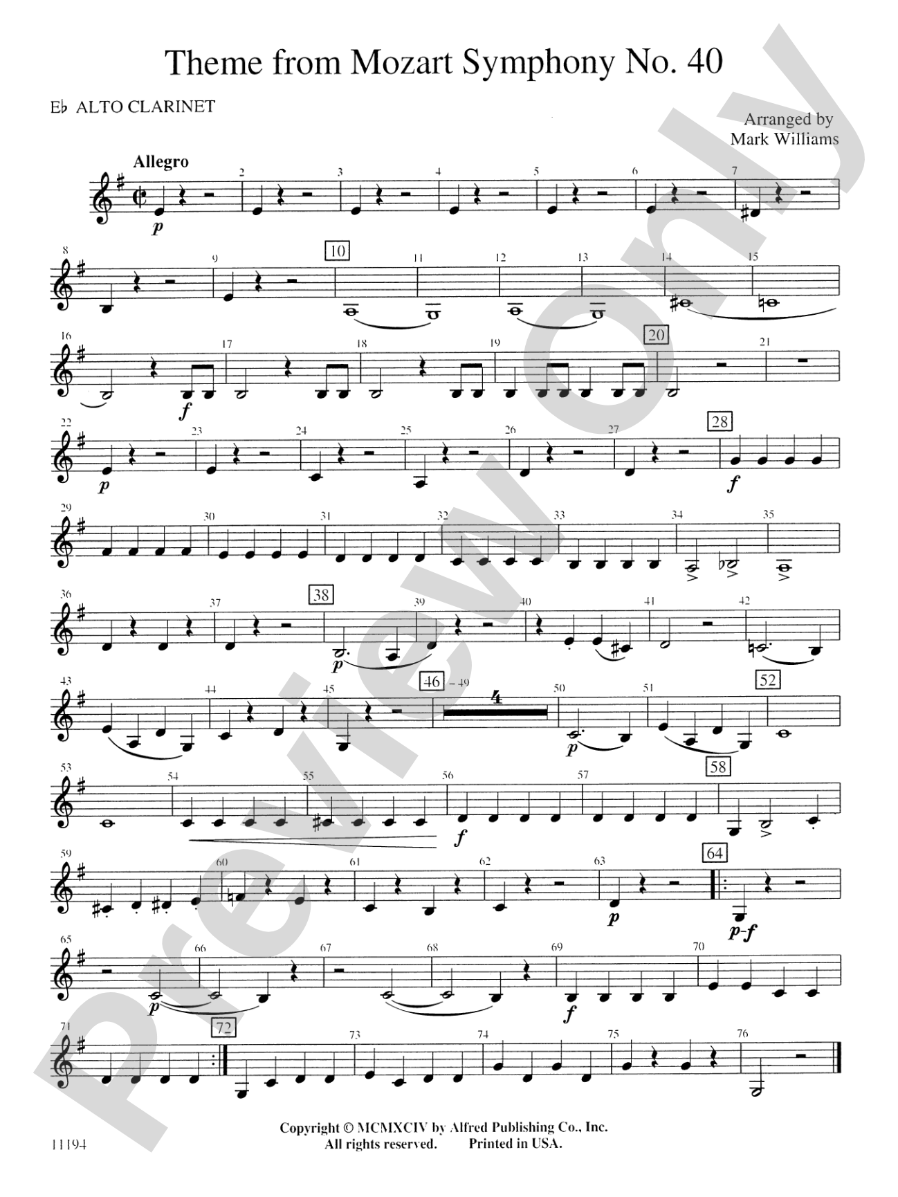 Theme from Mozart Symphony No. 40: E-flat Alto Clarinet