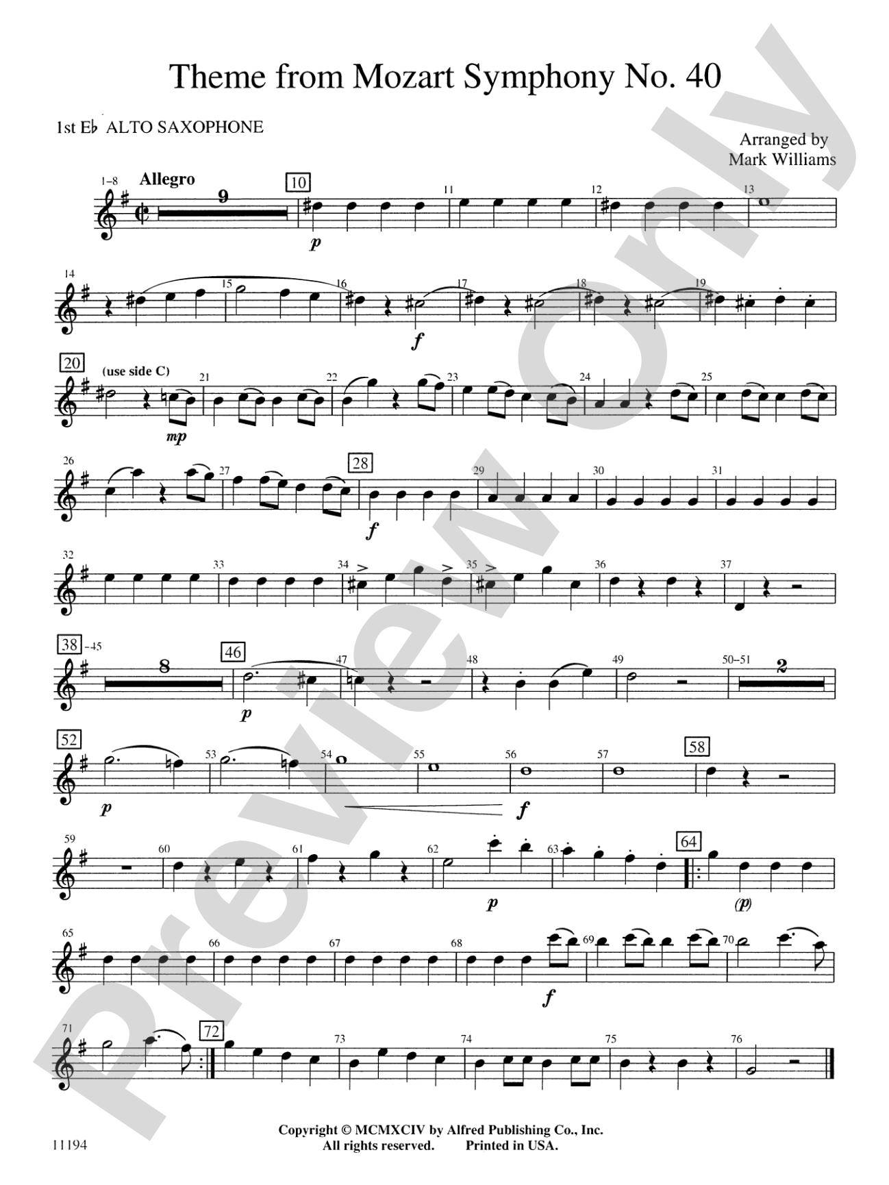 Theme from Mozart Symphony No. 40: E-flat Alto Saxophone
