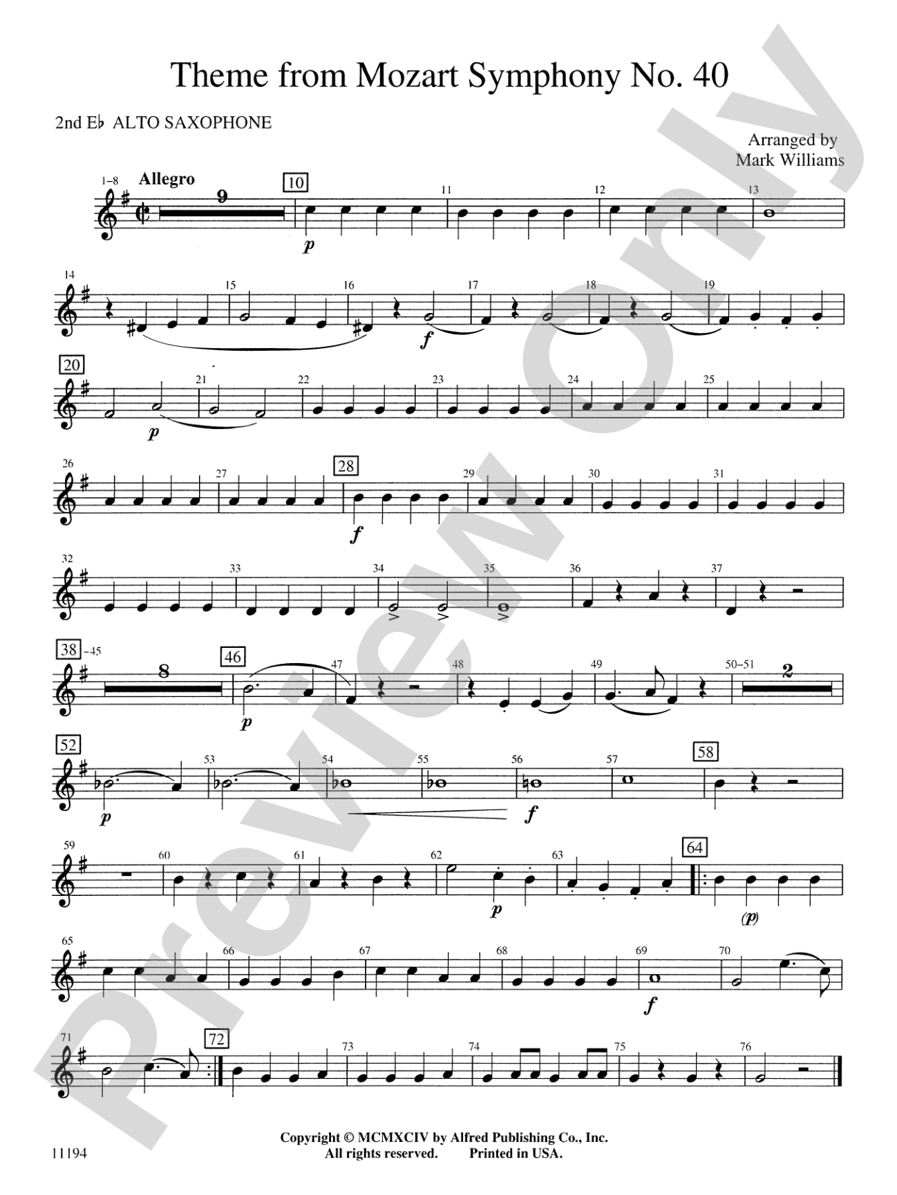 Theme from Mozart Symphony No. 40: 2nd E-flat Alto Saxophone