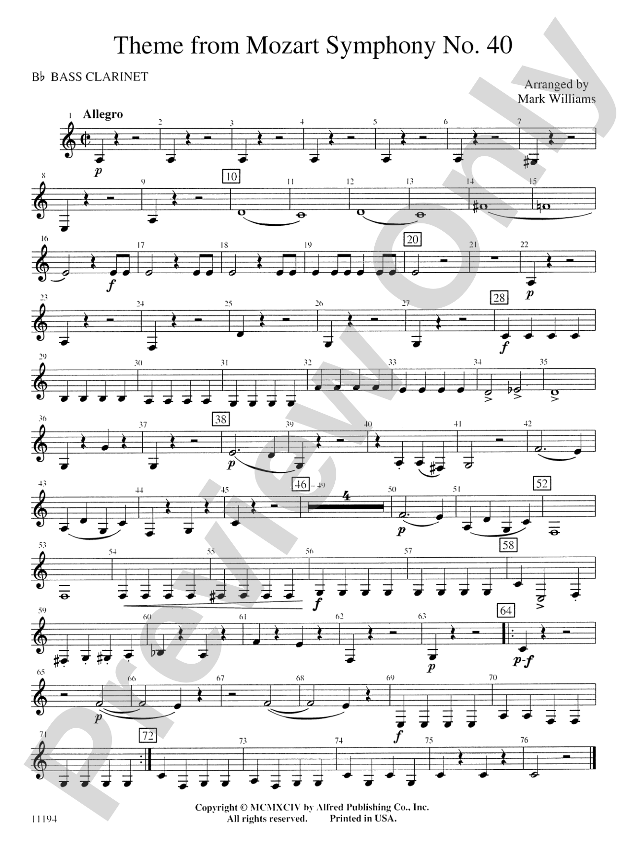 Theme from Mozart Symphony No. 40: B-flat Bass Clarinet