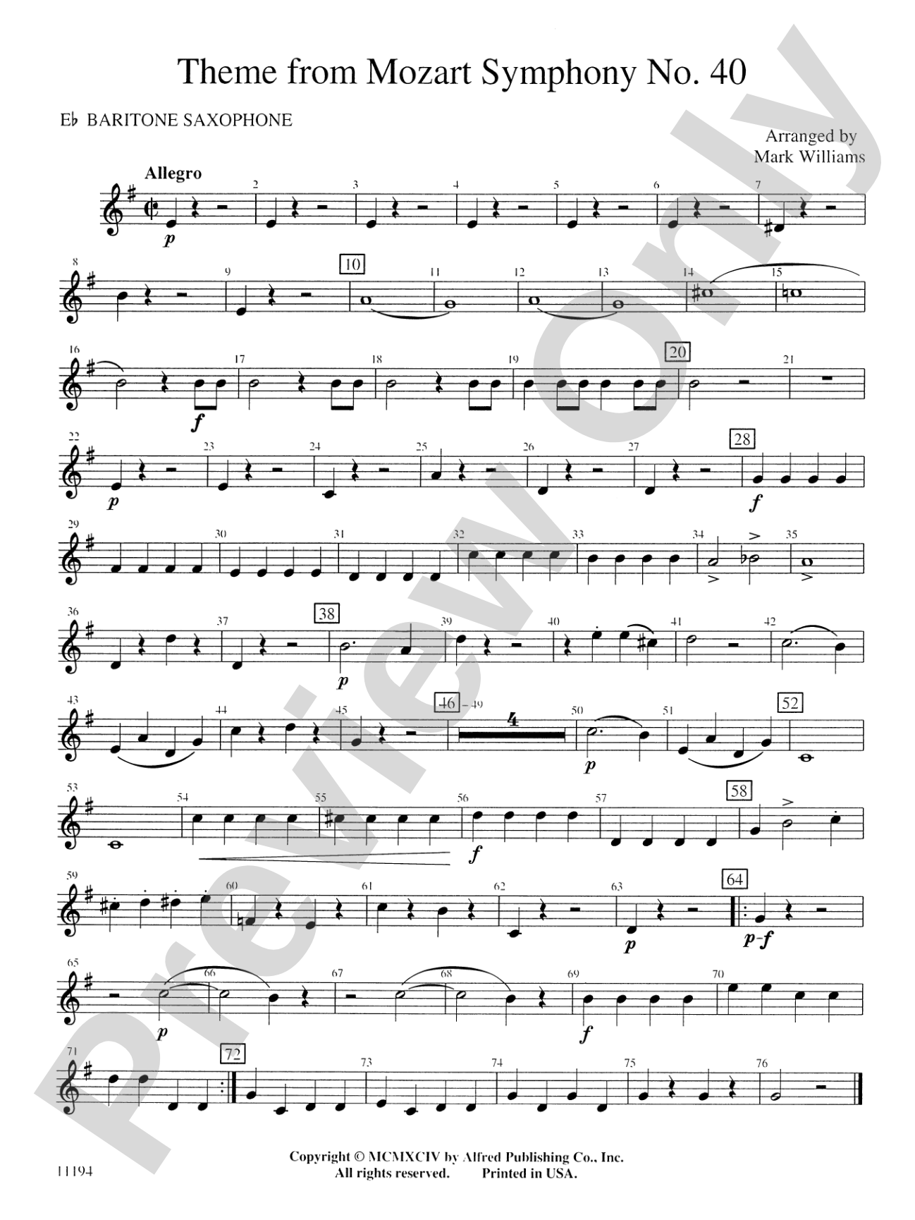 Theme from Mozart Symphony No. 40: E-flat Baritone Saxophone