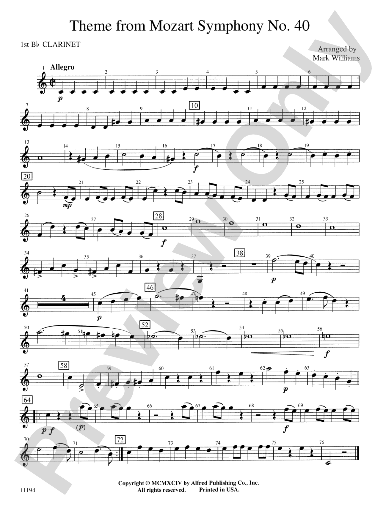 Theme from Mozart Symphony No. 40: 1st B-flat Clarinet