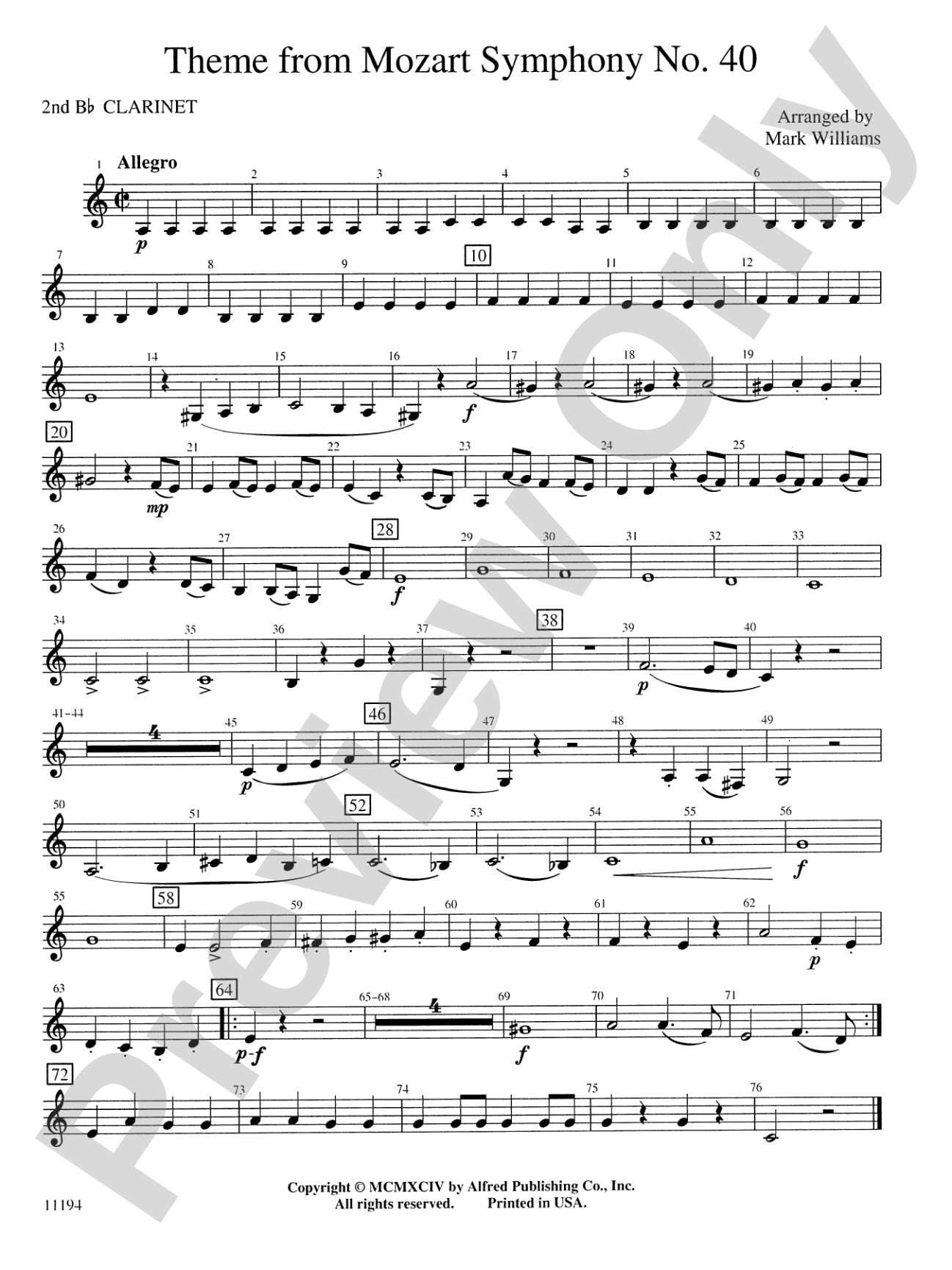 Theme from Mozart Symphony No. 40: 2nd B-flat Clarinet