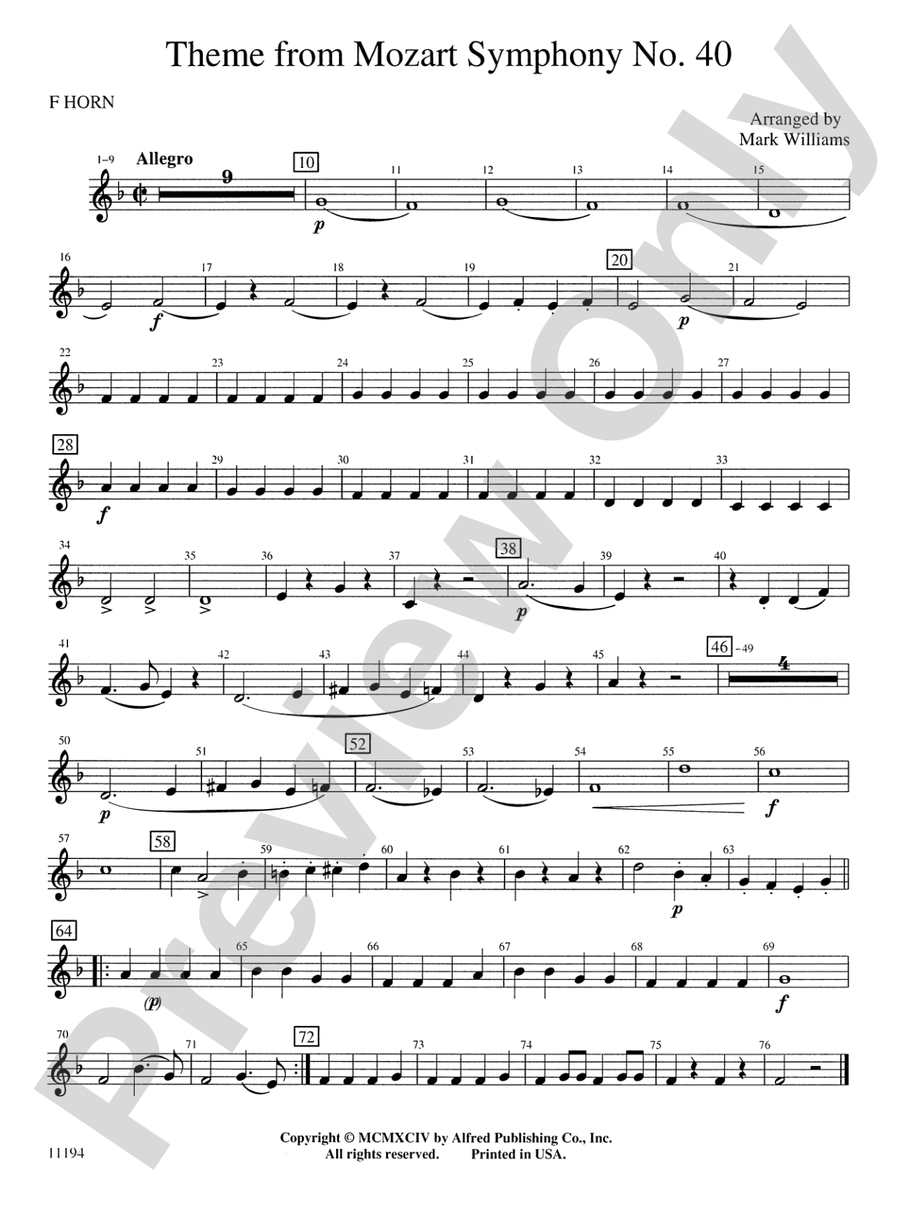 Theme from Mozart Symphony No. 40: 1st F Horn
