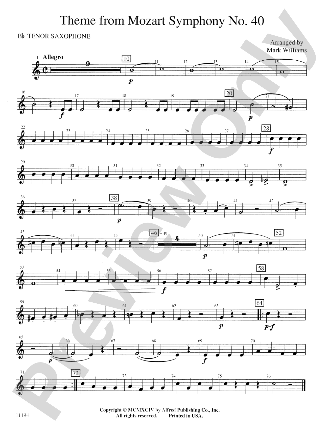 Theme from Mozart Symphony No. 40: B-flat Tenor Saxophone