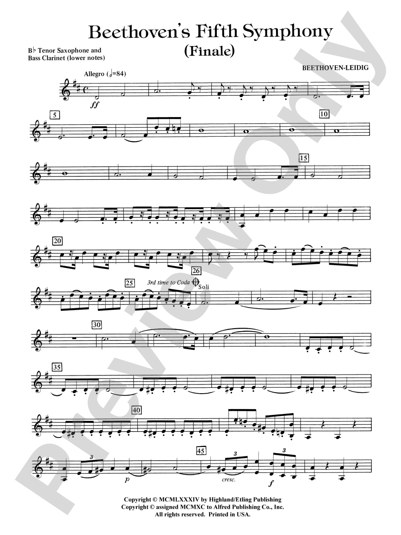 Beethoven's 5th Symphony, Finale: B-flat Tenor Saxophone