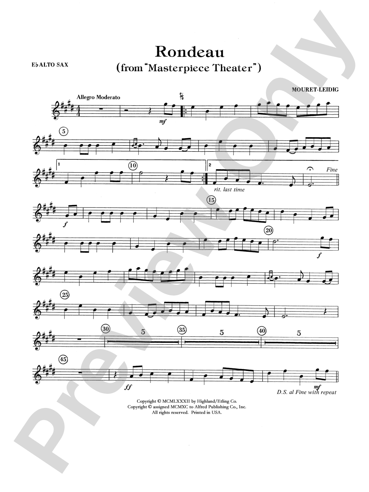 Rondeau (Theme from Masterpiece Theatre): E-flat Alto Saxophone