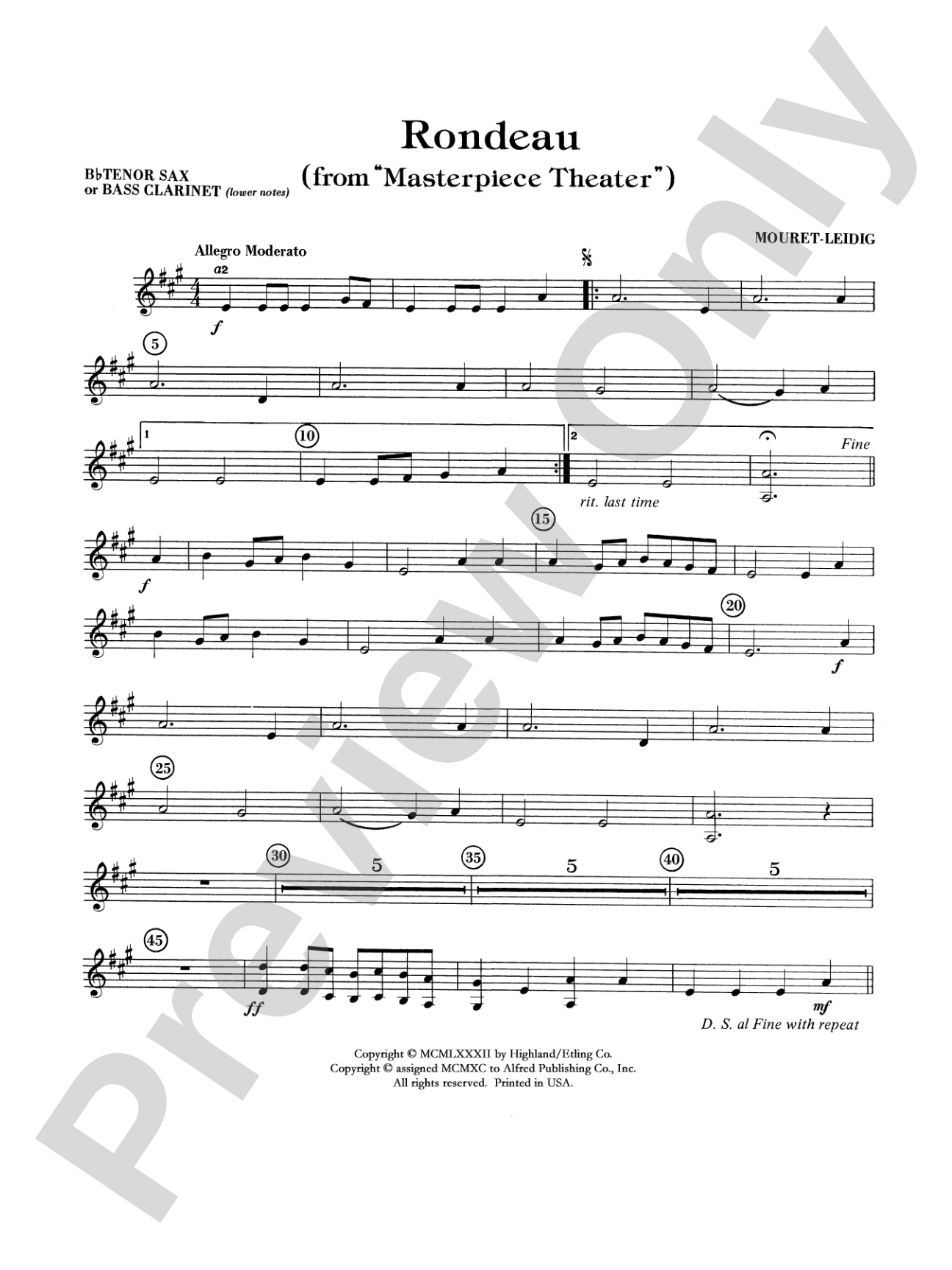 Rondeau (Theme from Masterpiece Theatre): B-flat Tenor Saxophone