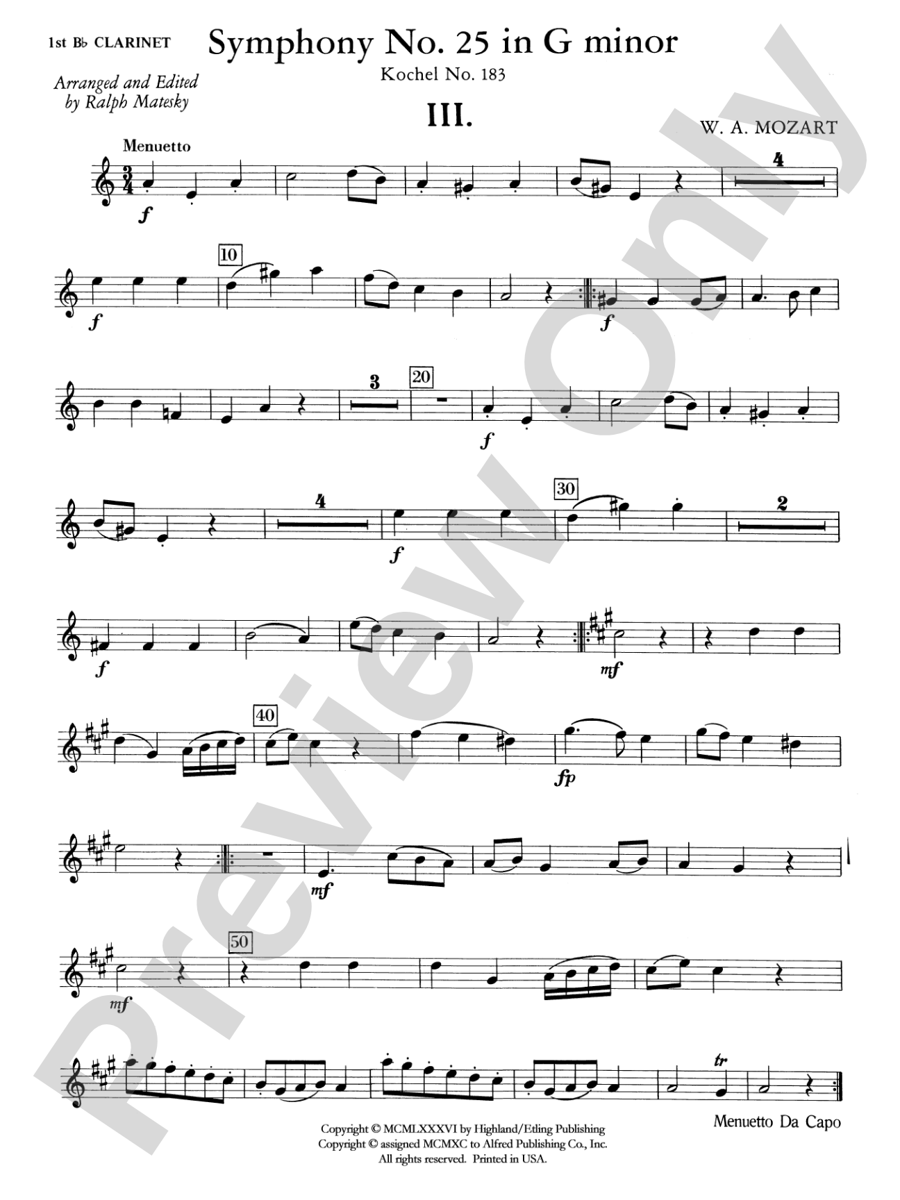 Mozart's Symphony No. 25 in G Minor, 3rd & 4th Movements: 1st B-flat Clarinet