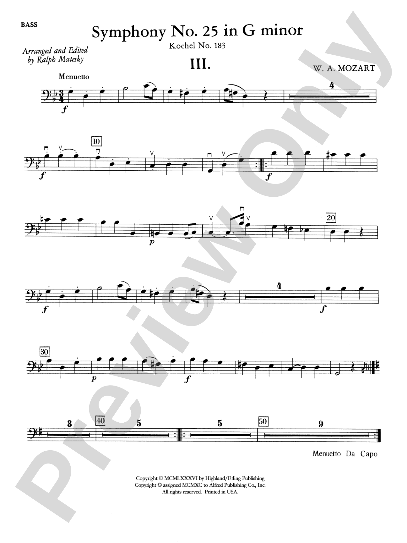 Mozart's Symphony No. 25 in G Minor, 3rd & 4th Movements: String Bass