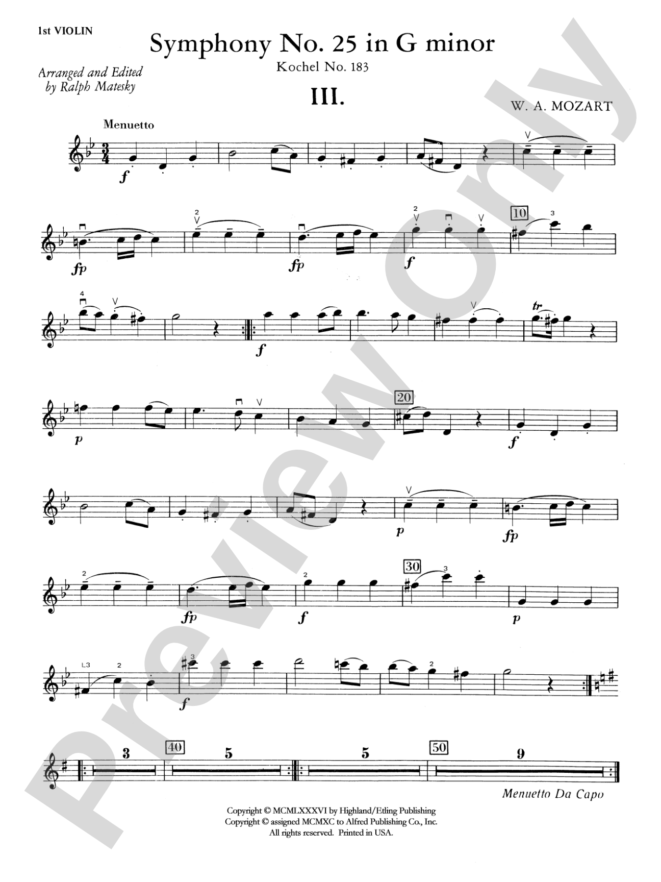 Mozart's Symphony No. 25 in G Minor, 3rd & 4th Movements: 1st Violin