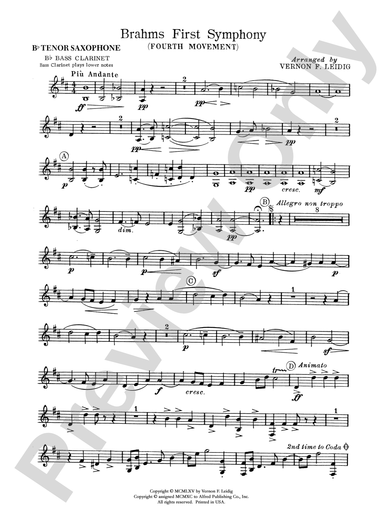 Brahms's 1st Symphony, 4th Movement: B-flat Tenor Saxophone