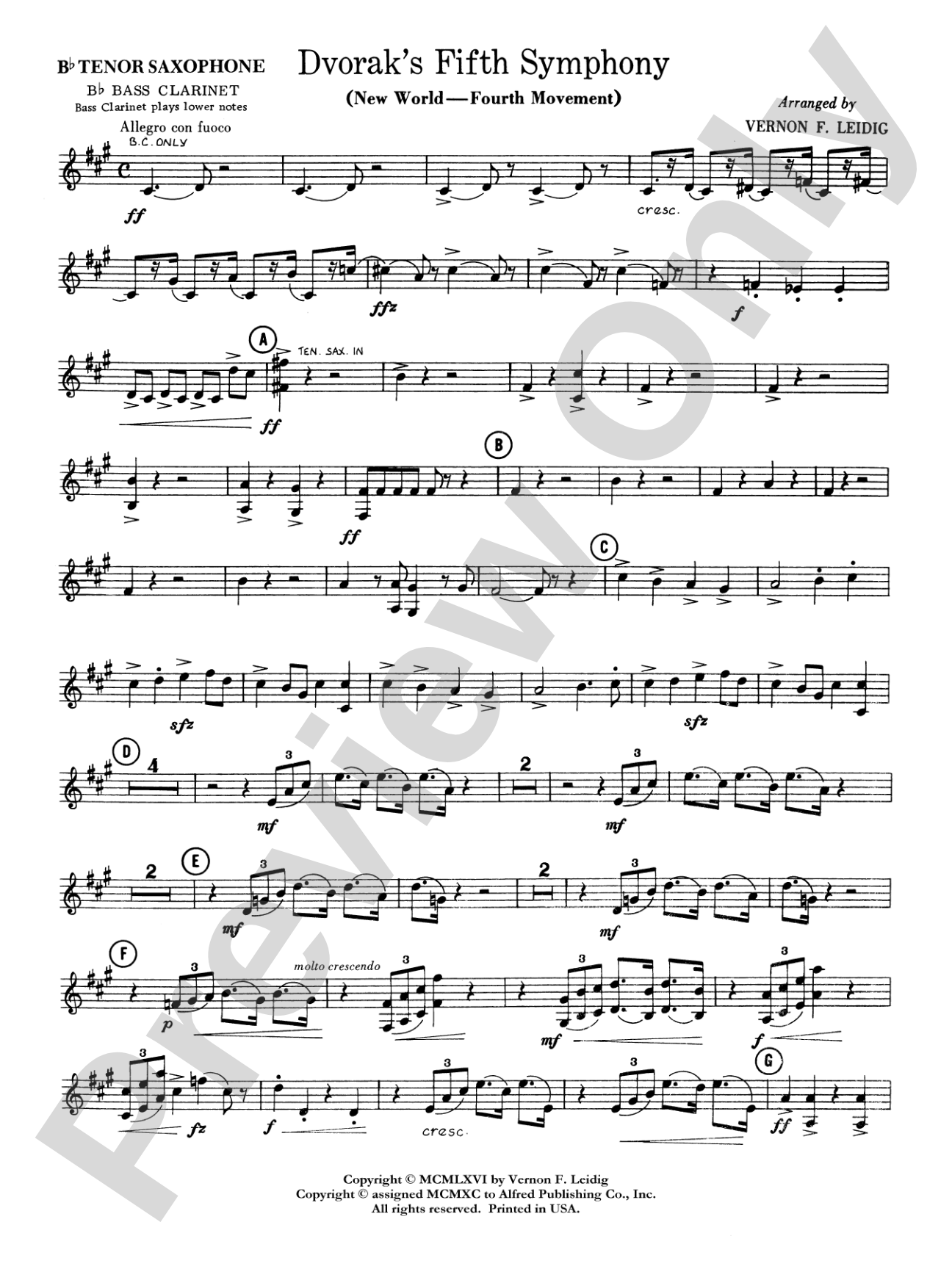 Dvorák's 5th Symphony ("New World," 4th Movement): B-flat Tenor Saxophone