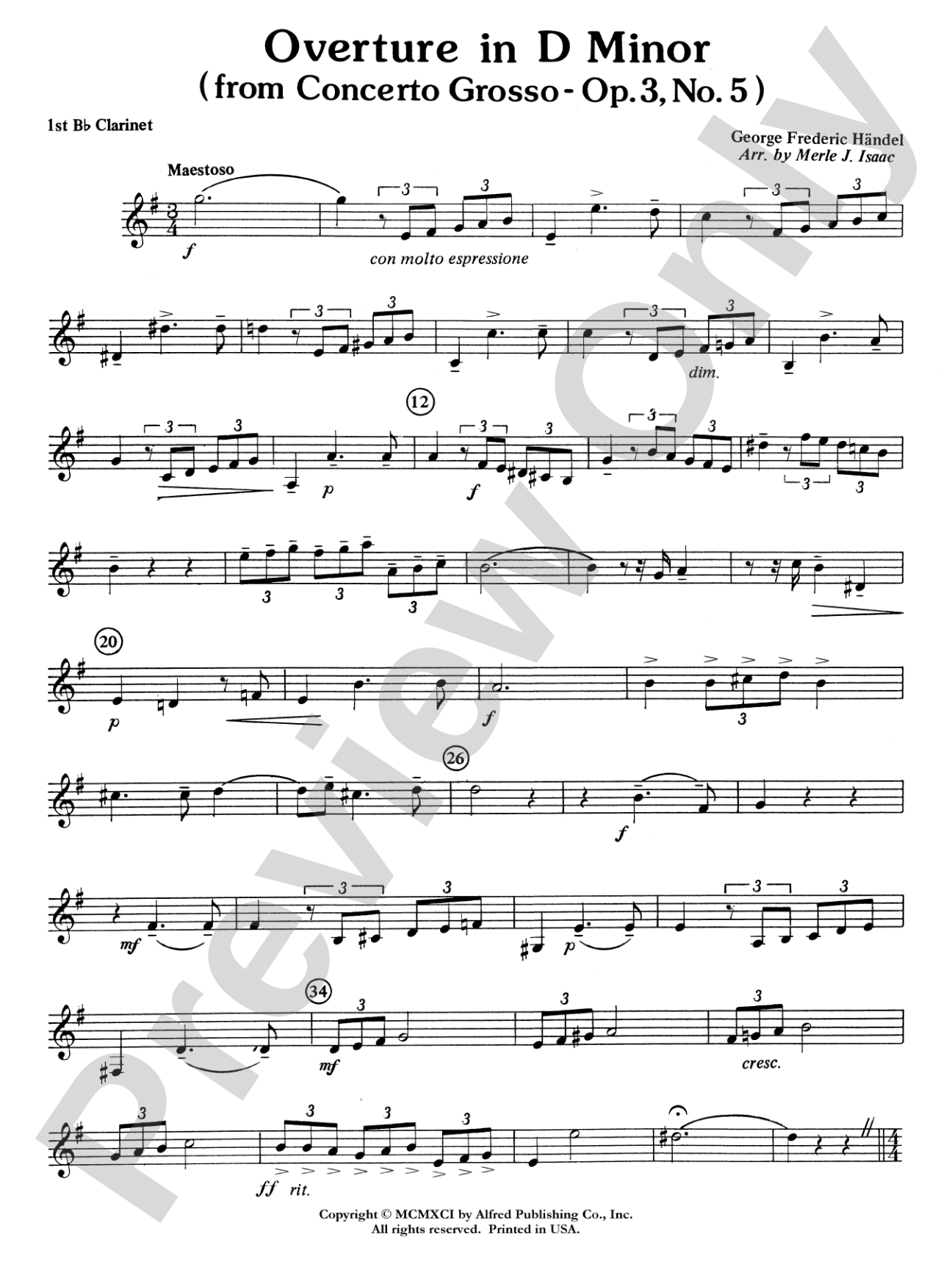 Overture in D minor (Concerto Grosso): 1st B-flat Clarinet