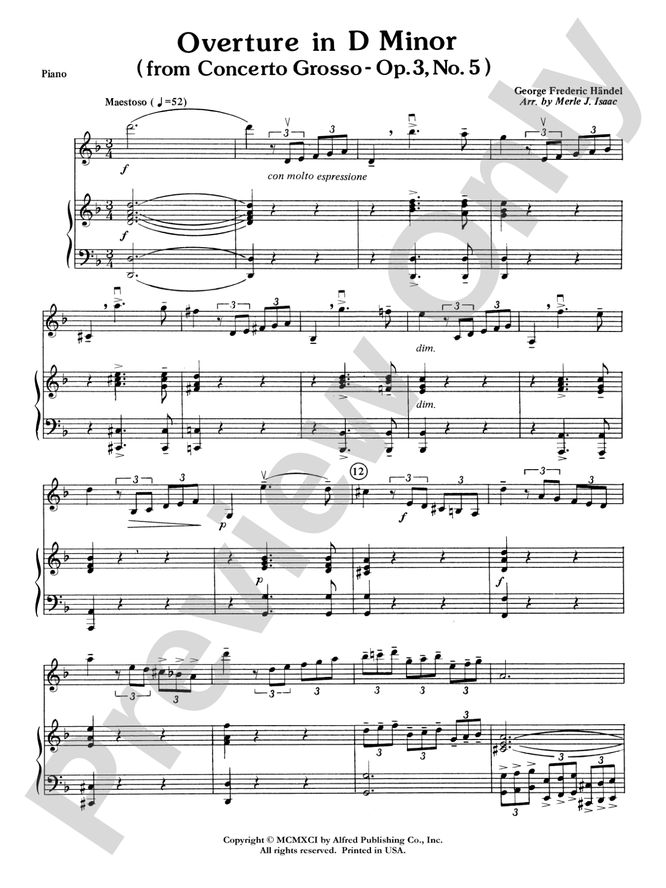 Overture in D minor (Concerto Grosso): Piano Accompaniment
